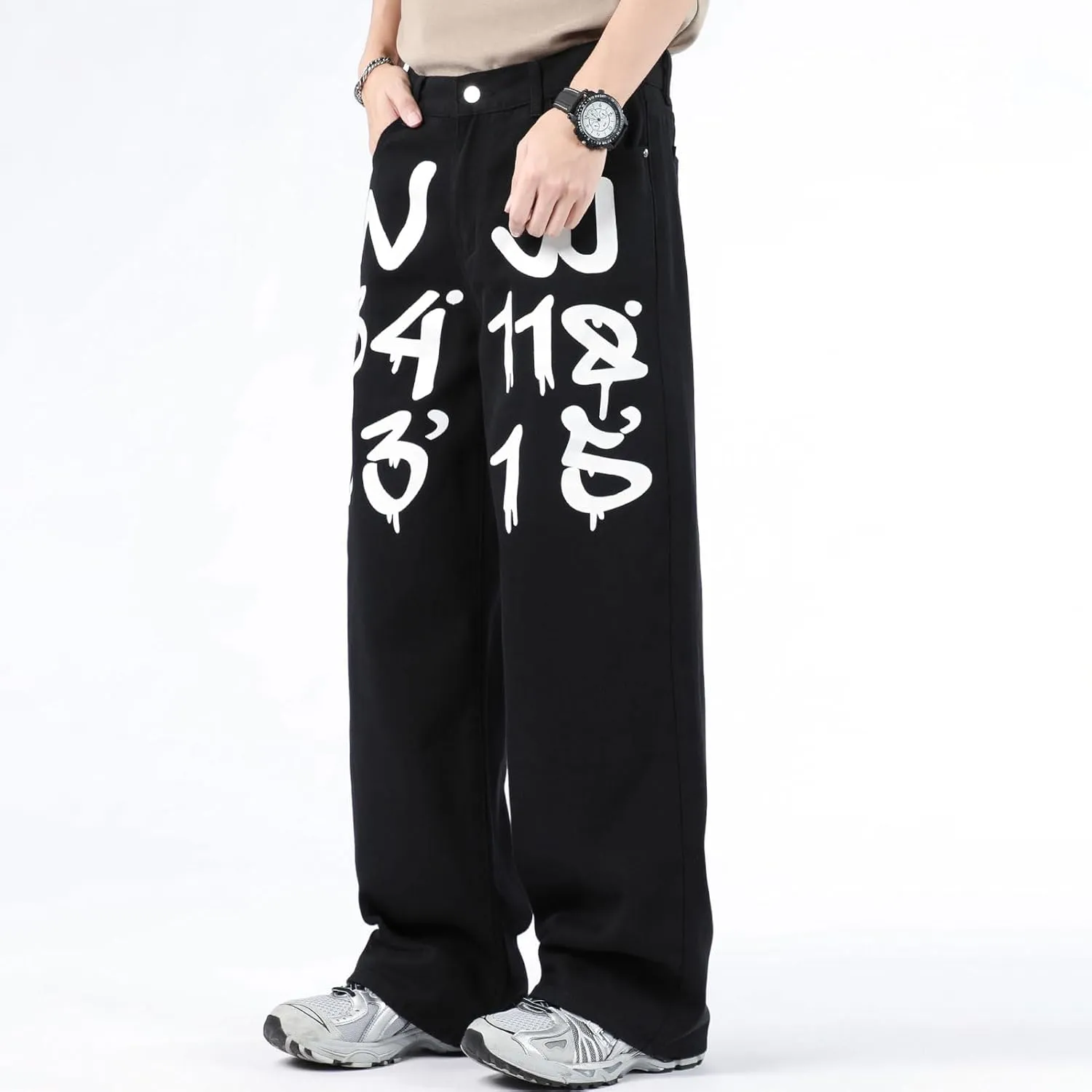 Men's Baggy Jeans Y2K Vintage Gothic Alphabet Print Jeans Black Denim Pants Wide Leg Pants Streetwear