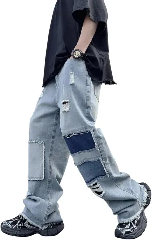 Mens Womens Lightweight Ripped Baggy Jeans Summer Spring Frayed Hem Destroyed Hip Hop Skater Jeans