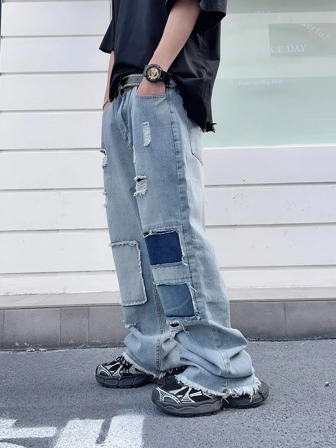 Mens Womens Lightweight Ripped Baggy Jeans Summer Spring Frayed Hem Destroyed Hip Hop Skater Jeans
