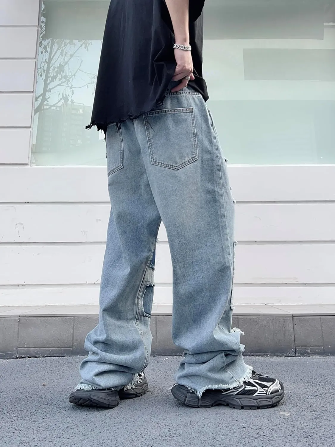Mens Womens Lightweight Ripped Baggy Jeans Summer Spring Frayed Hem Destroyed Hip Hop Skater Jeans