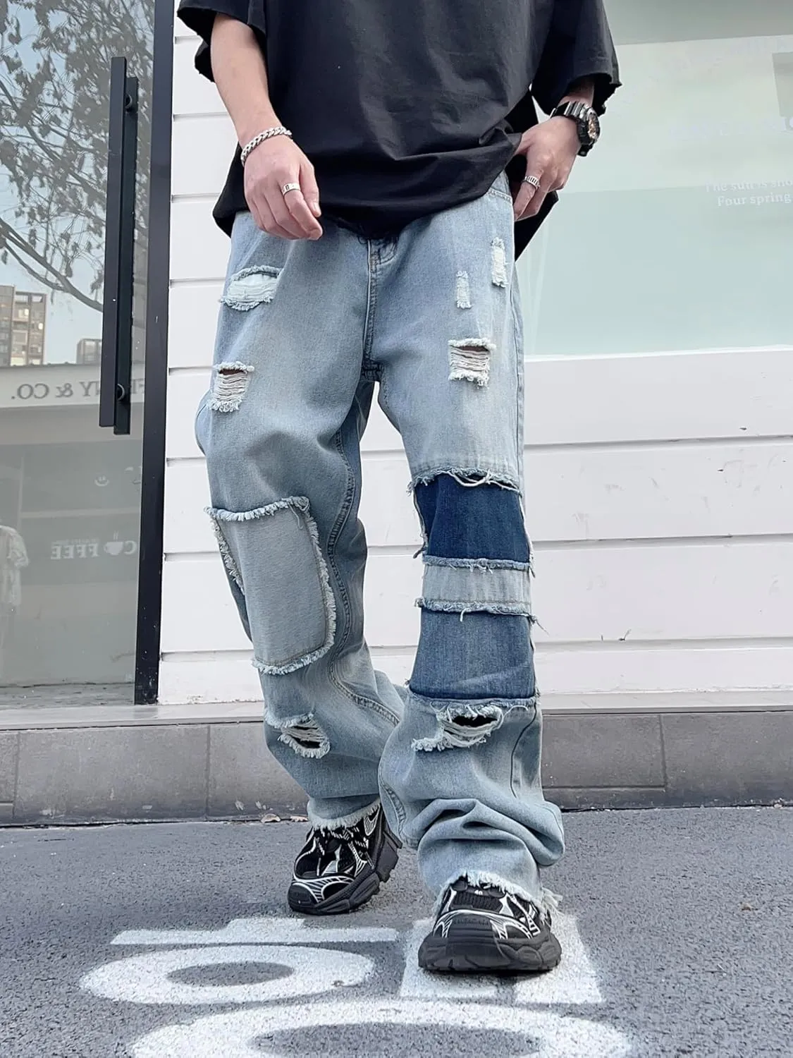 Mens Womens Lightweight Ripped Baggy Jeans Summer Spring Frayed Hem Destroyed Hip Hop Skater Jeans