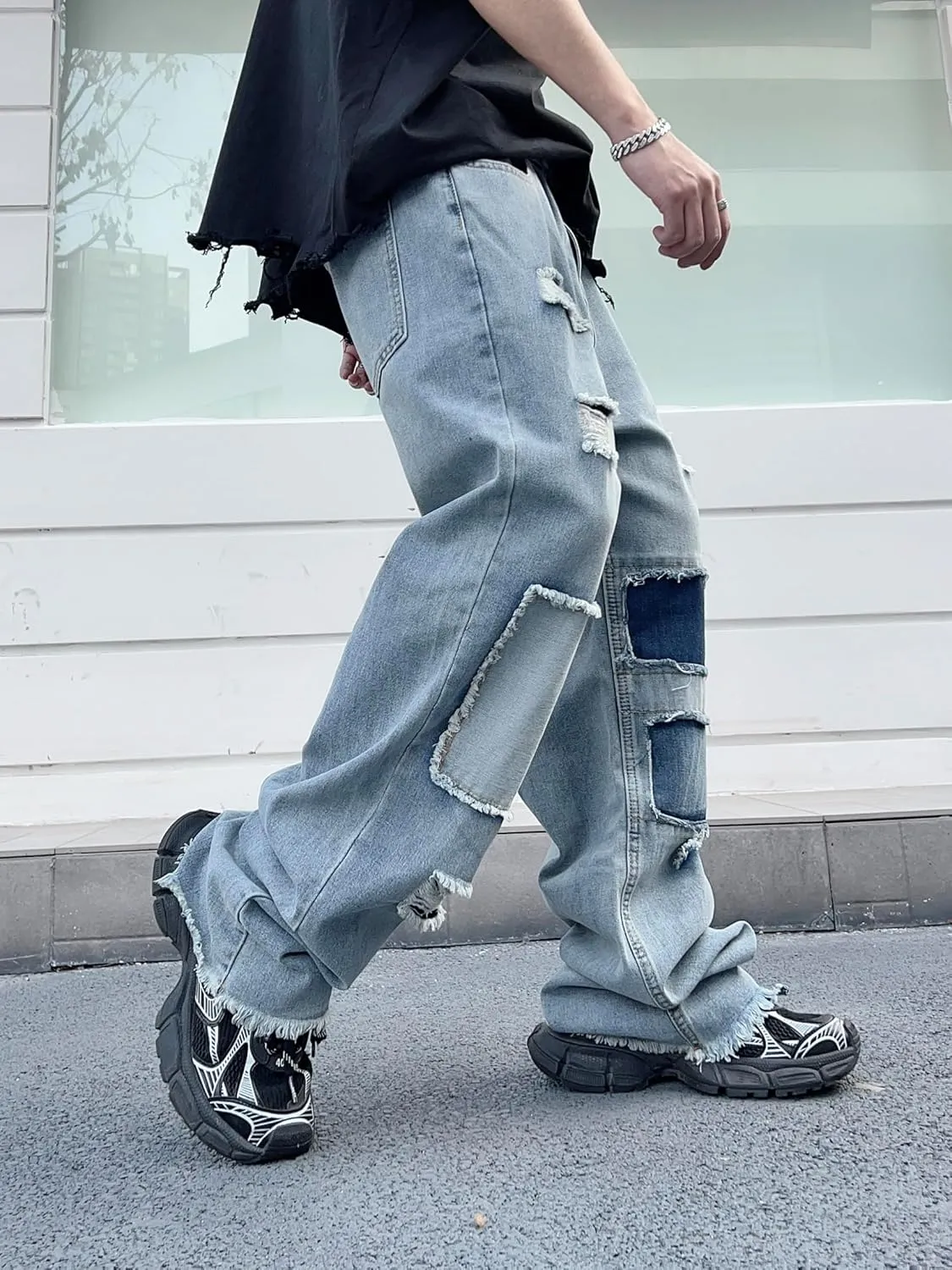 Mens Womens Lightweight Ripped Baggy Jeans Summer Spring Frayed Hem Destroyed Hip Hop Skater Jeans
