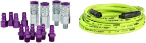 Milton S-314VKIT Kit, 14pc Hi-Flo V style 1/4", Purple & Flexzilla Air Hose, 3/8 in. x 25 ft., 1/4 in. MNPT Fittings, Heavy Duty, Lightweight, Hybrid, ZillaGreen - HFZ3825YW2