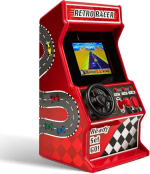 Mini Arcade Racing Machine: Handheld Console with 30 Pre-Loaded 8-Bit Games, 2.4" LCD Screen, Steering Wheel, Gear Stick, Control Buttons, Games Console