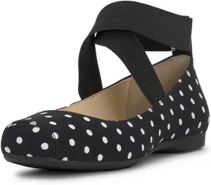 miss left Women's Stretchy Crisscross Strap Ballerina Flats Closed Square Toe Slip On Comfy Dance Party Shoe Size 4-16 US