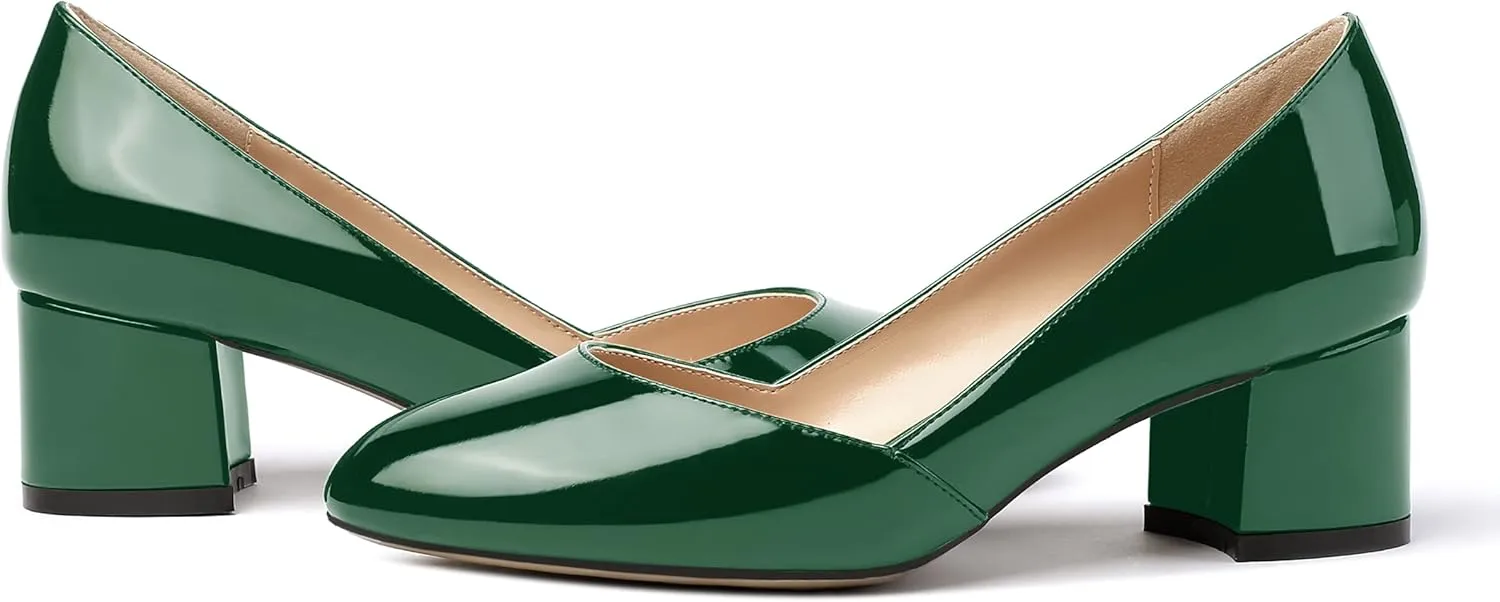 MODENCOCO Women's Block Round Toe Slip On Patent Chunky Low Heel Pumps Wedding Dress Shoes 2 Inch