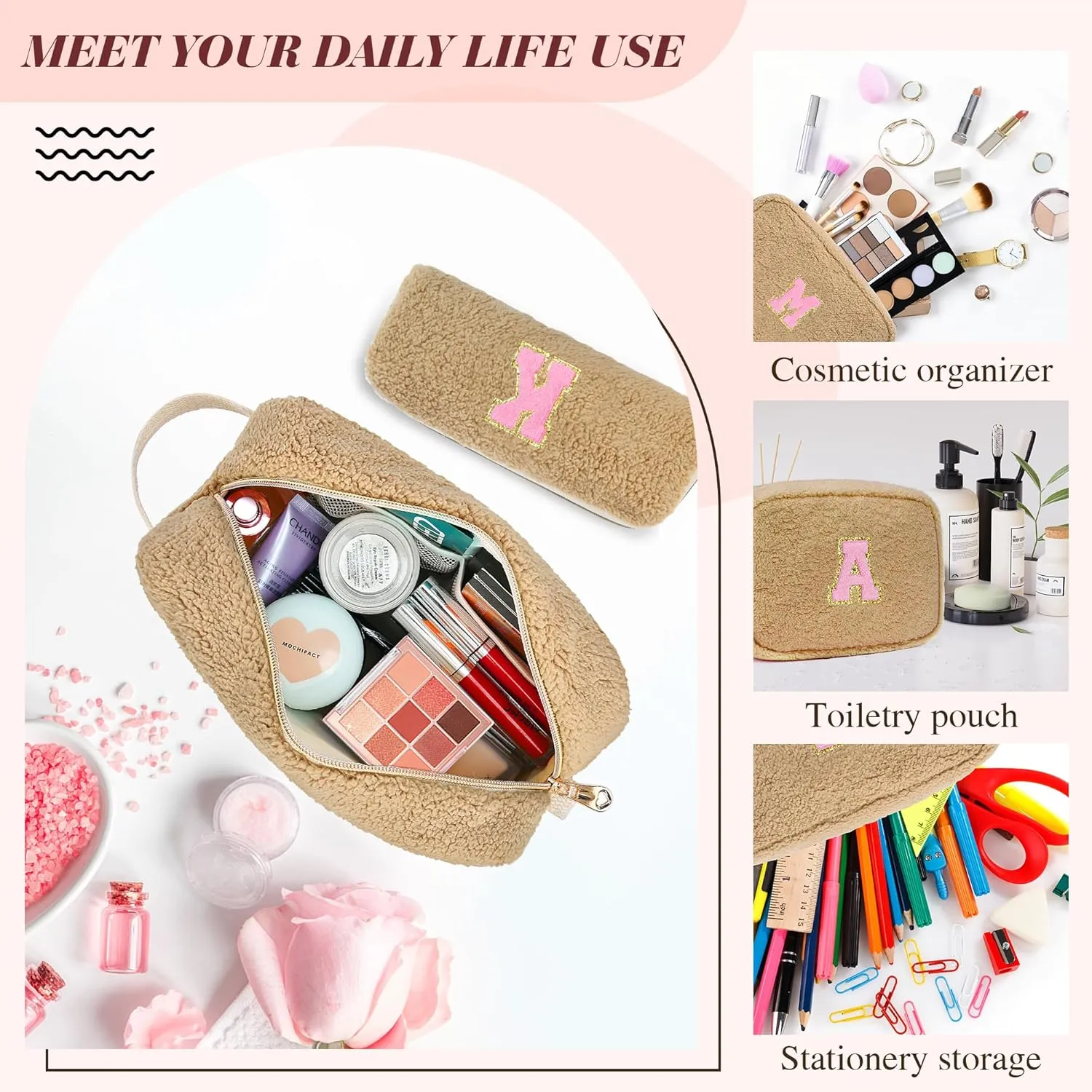 Mothers Day Gifts for Women - Personalized Makeup Bag for Teen Girls - Preppy Cosmetic Bags with Initial - Travel Make Up Pouch - Chenille Toiletry Bag for Wife Friends Teacher Bridesmaid - Brown A