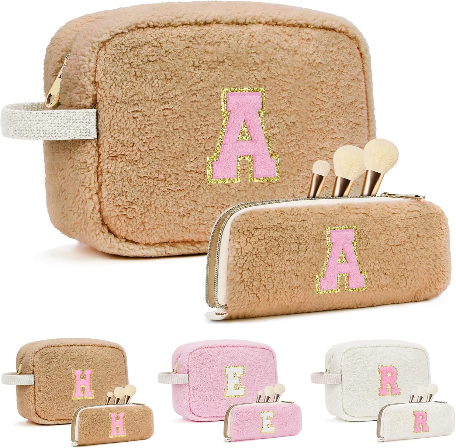 Mothers Day Gifts for Women - Personalized Makeup Bag for Teen Girls - Preppy Cosmetic Bags with Initial - Travel Make Up Pouch - Chenille Toiletry Bag for Wife Friends Teacher Bridesmaid - Brown A
