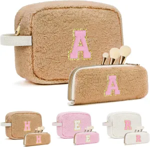 Mothers Day Gifts for Women - Personalized Makeup Bag for Teen Girls - Preppy Cosmetic Bags with Initial - Travel Make Up Pouch - Chenille Toiletry Bag for Wife Friends Teacher Bridesmaid - Brown A
