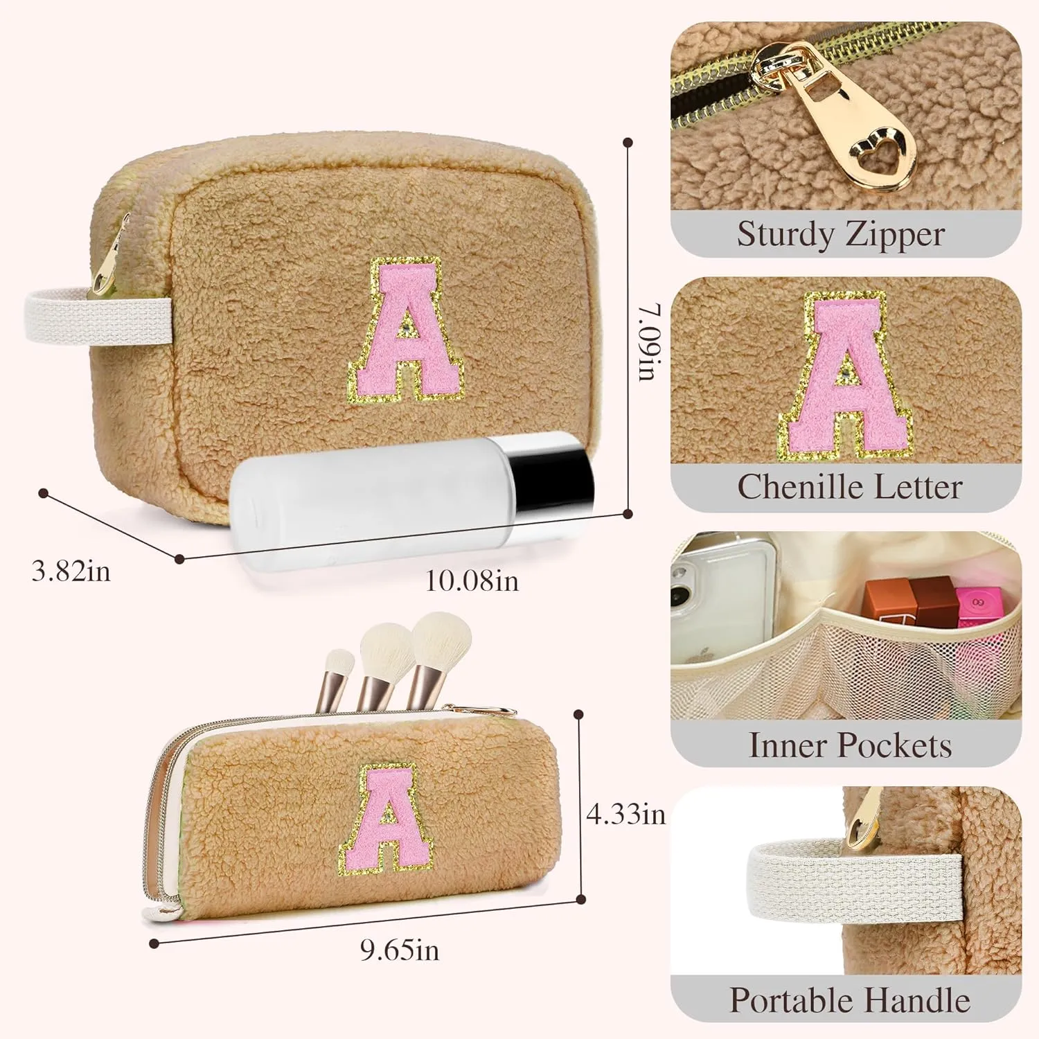 Mothers Day Gifts for Women - Personalized Makeup Bag for Teen Girls - Preppy Cosmetic Bags with Initial - Travel Make Up Pouch - Chenille Toiletry Bag for Wife Friends Teacher Bridesmaid - Brown A