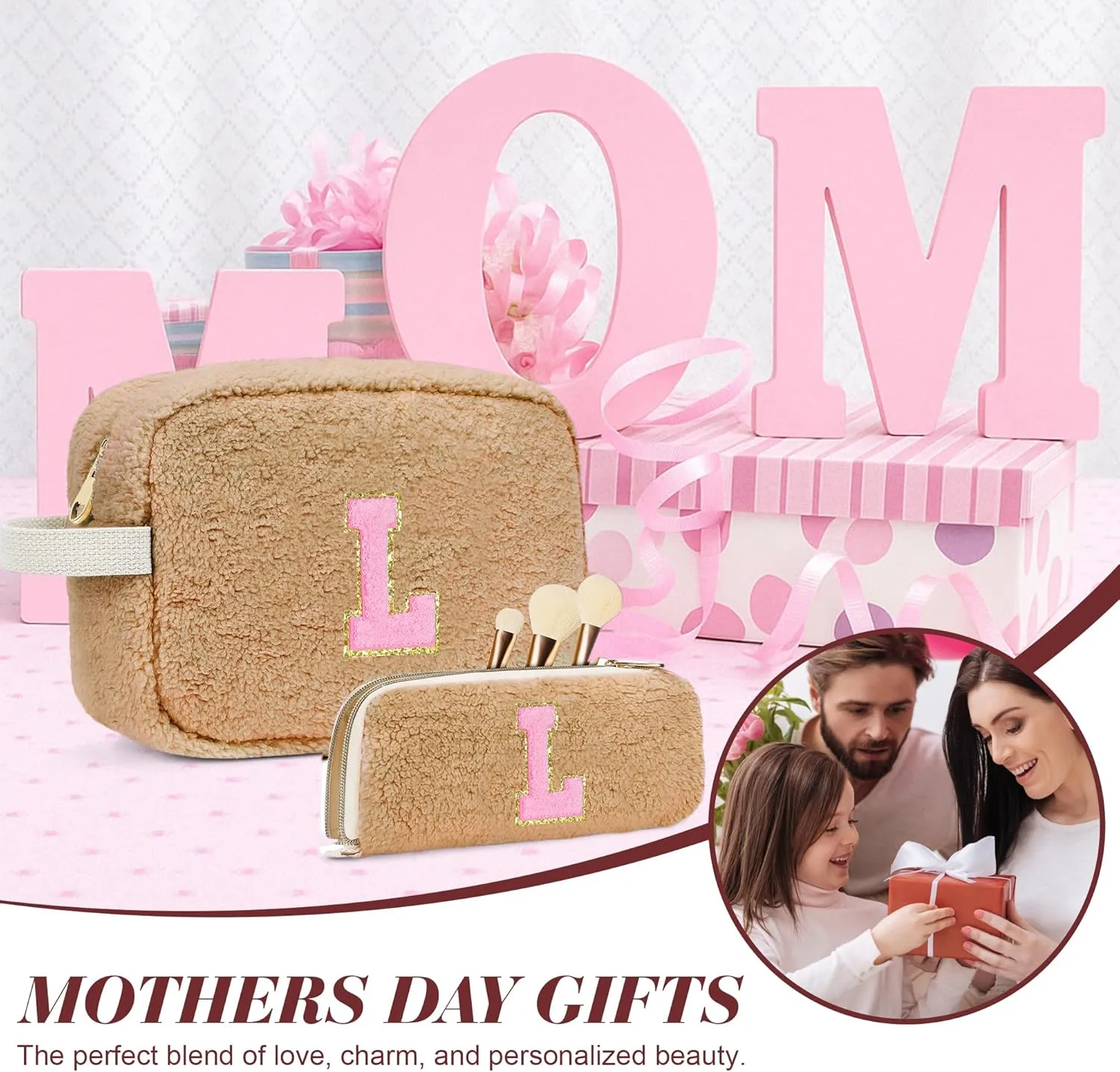 Mothers Day Gifts for Women - Personalized Makeup Bag for Teen Girls - Preppy Cosmetic Bags with Initial - Travel Make Up Pouch - Chenille Toiletry Bag for Wife Friends Teacher Bridesmaid - Brown A