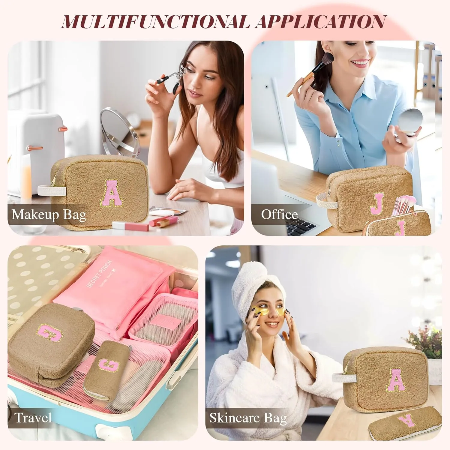 Mothers Day Gifts for Women - Personalized Makeup Bag for Teen Girls - Preppy Cosmetic Bags with Initial - Travel Make Up Pouch - Chenille Toiletry Bag for Wife Friends Teacher Bridesmaid - Brown A