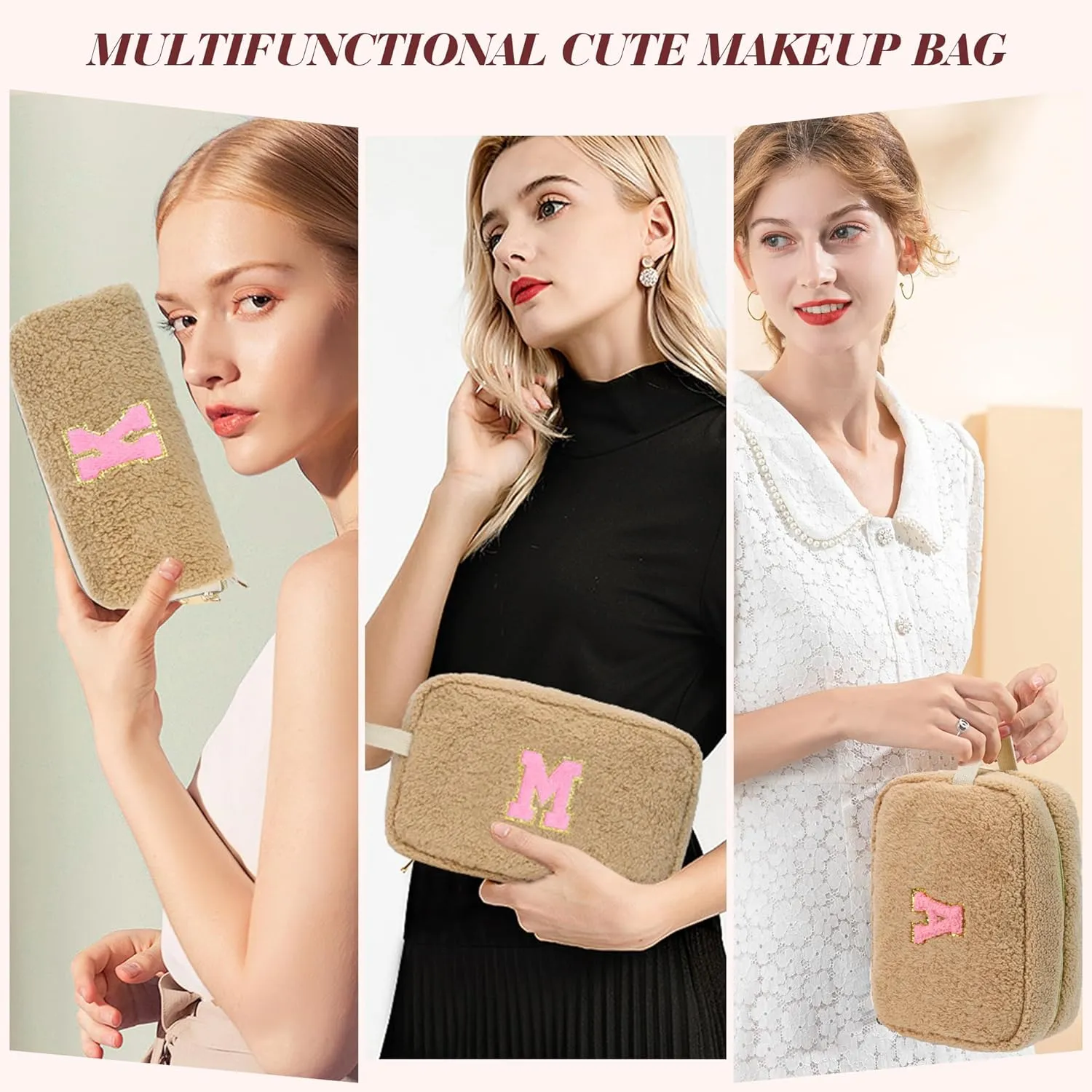 Mothers Day Gifts for Women - Personalized Makeup Bag for Teen Girls - Preppy Cosmetic Bags with Initial - Travel Make Up Pouch - Chenille Toiletry Bag for Wife Friends Teacher Bridesmaid - Brown A