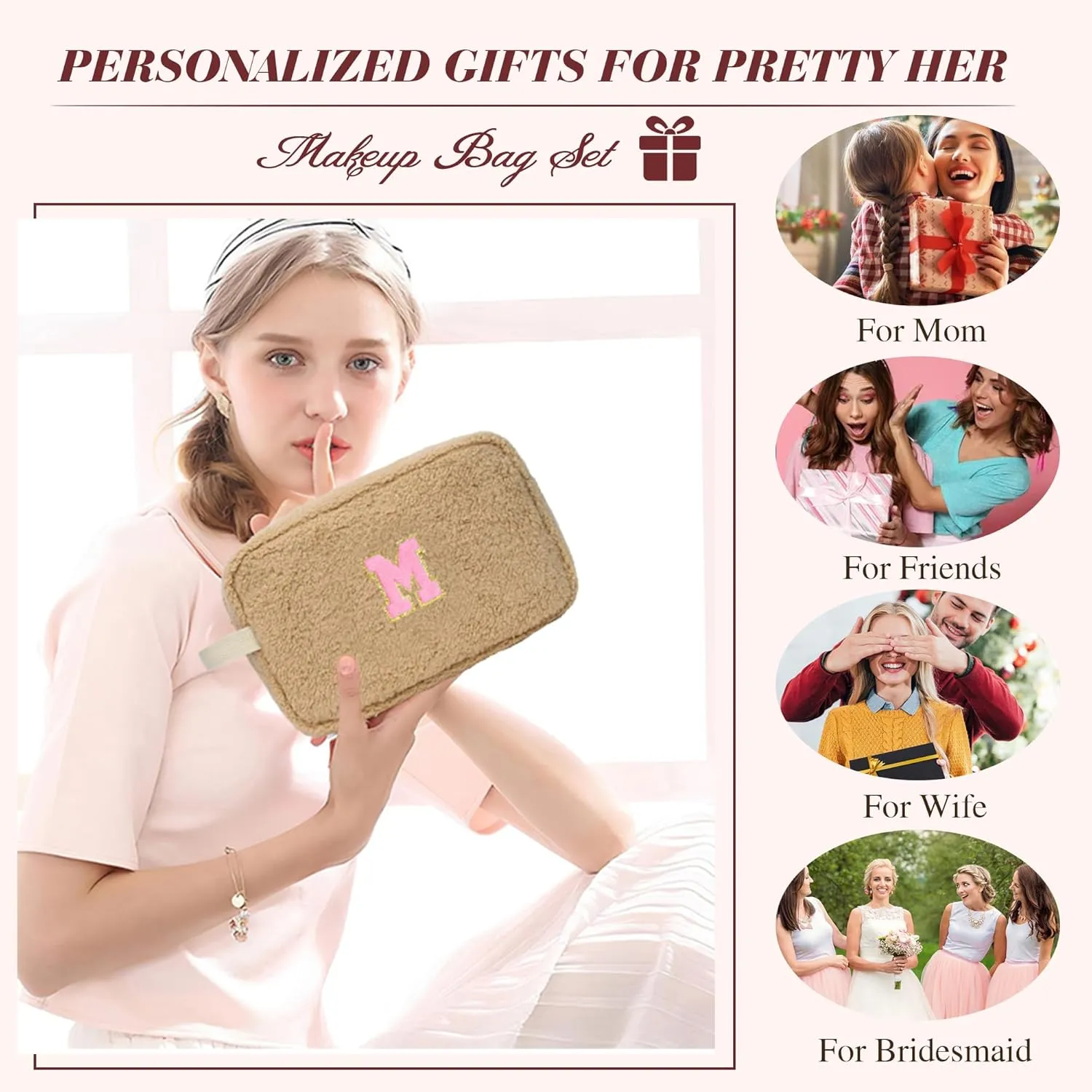 Mothers Day Gifts for Women - Personalized Makeup Bag for Teen Girls - Preppy Cosmetic Bags with Initial - Travel Make Up Pouch - Chenille Toiletry Bag for Wife Friends Teacher Bridesmaid - Brown A