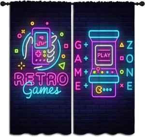 Neon Art Retro Game and Arcade Game Rod Pocket Blackout Curtains for Boy Girl Bedroom,Video Gaming Gamepad and Wall Background Light Filtering Window Drapes for Living Room Home Decor Privacy,42x63in