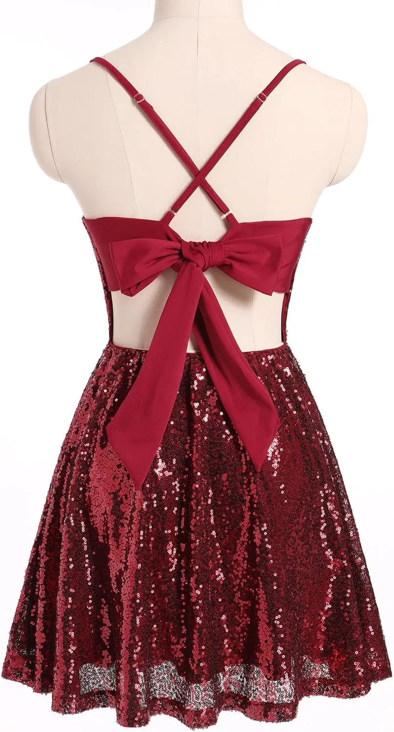 ODIZLI Women's Sexy Sparkle Sequins Glitters Tie Back Ruffle Mini Dress Homecoming Prom Dress