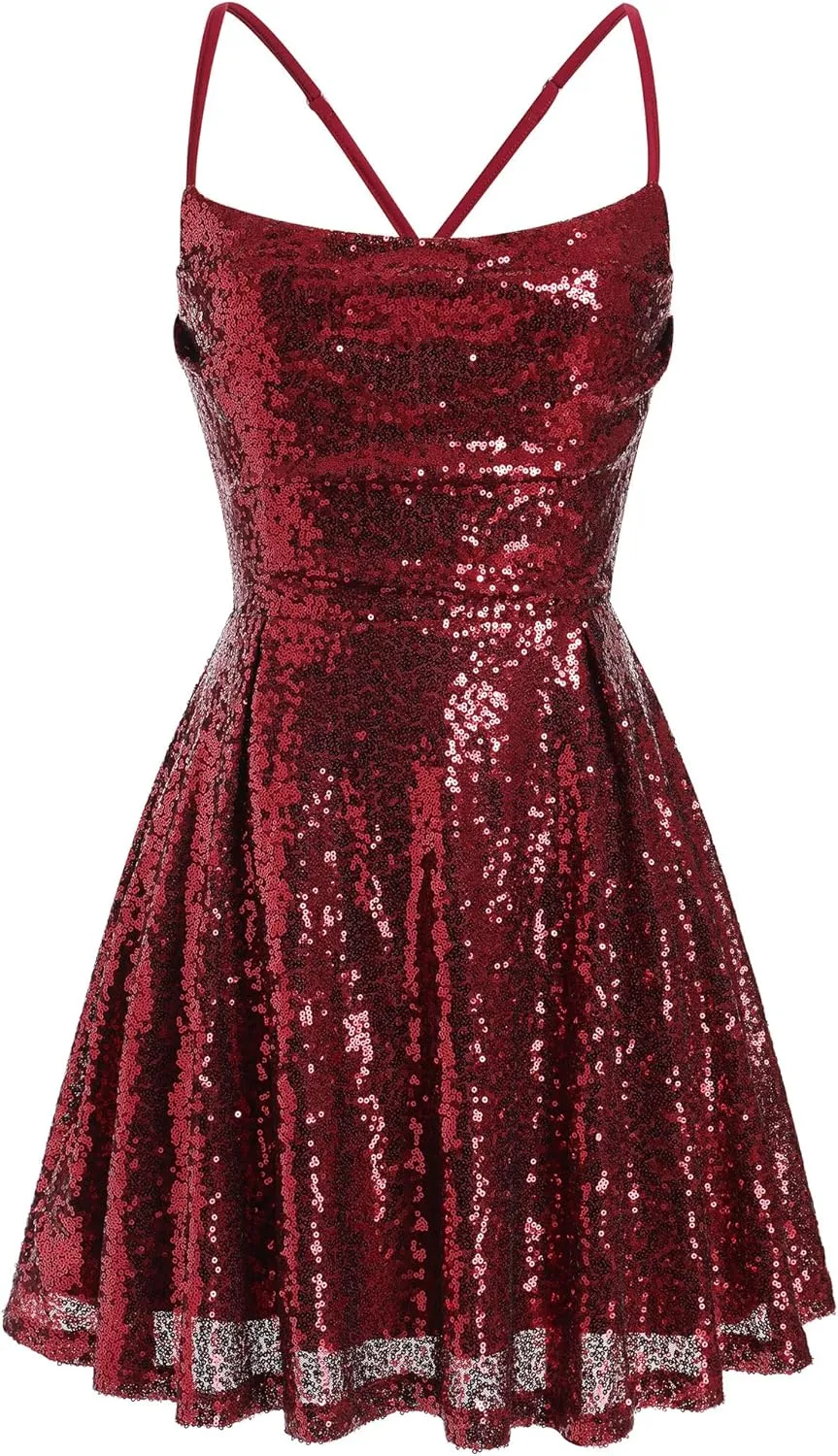 ODIZLI Women's Sexy Sparkle Sequins Glitters Tie Back Ruffle Mini Dress Homecoming Prom Dress