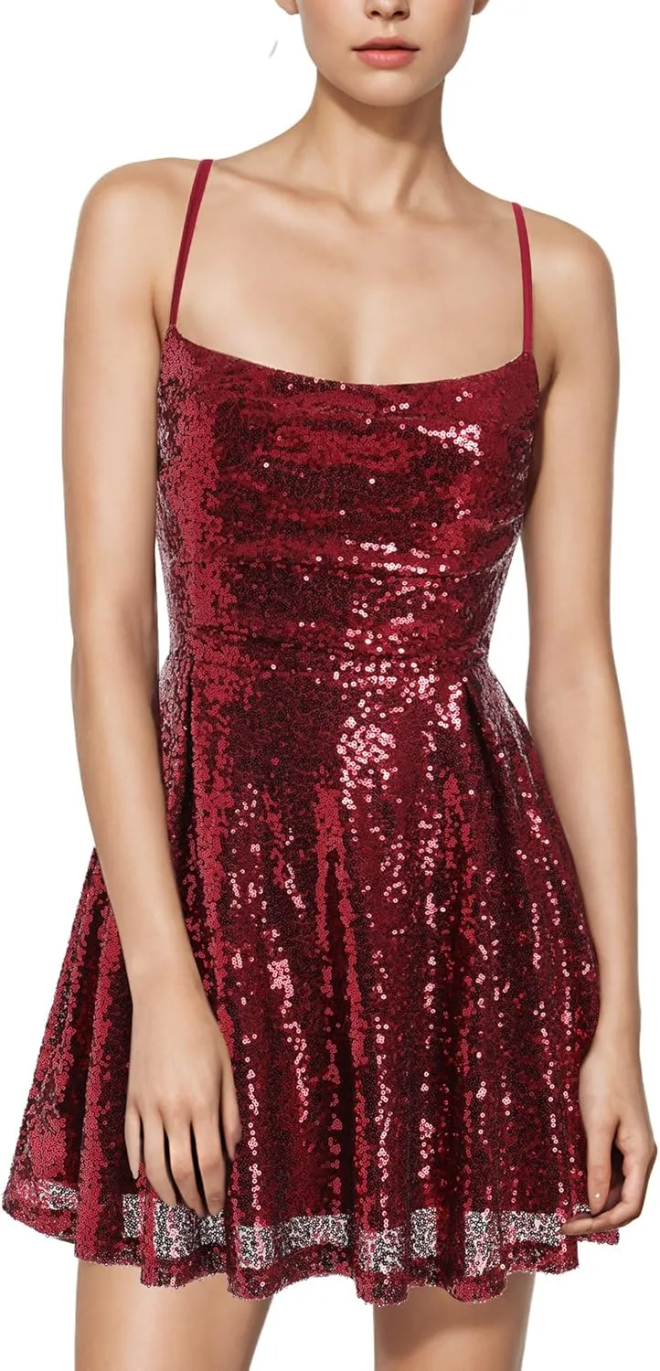 ODIZLI Women's Sexy Sparkle Sequins Glitters Tie Back Ruffle Mini Dress Homecoming Prom Dress
