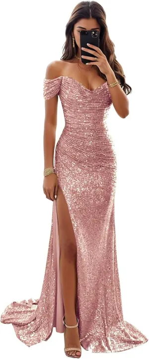 Off-Shoulder Satin Prom Dresses - Ball Gown Formal Dress Wedding Dress with Slits