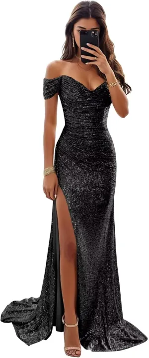 Off-Shoulder Satin Prom Dresses - Ball Gown Formal Dress Wedding Dress with Slits