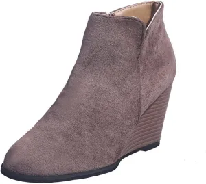 oiangi Fall Boots for Women 2022 Trendy Suede Slip on V Cutout Round Toe Zipper Chunky Stacked Mid Heel Ankle Booties Solid Cute Comfy Ladies Casual Shoes