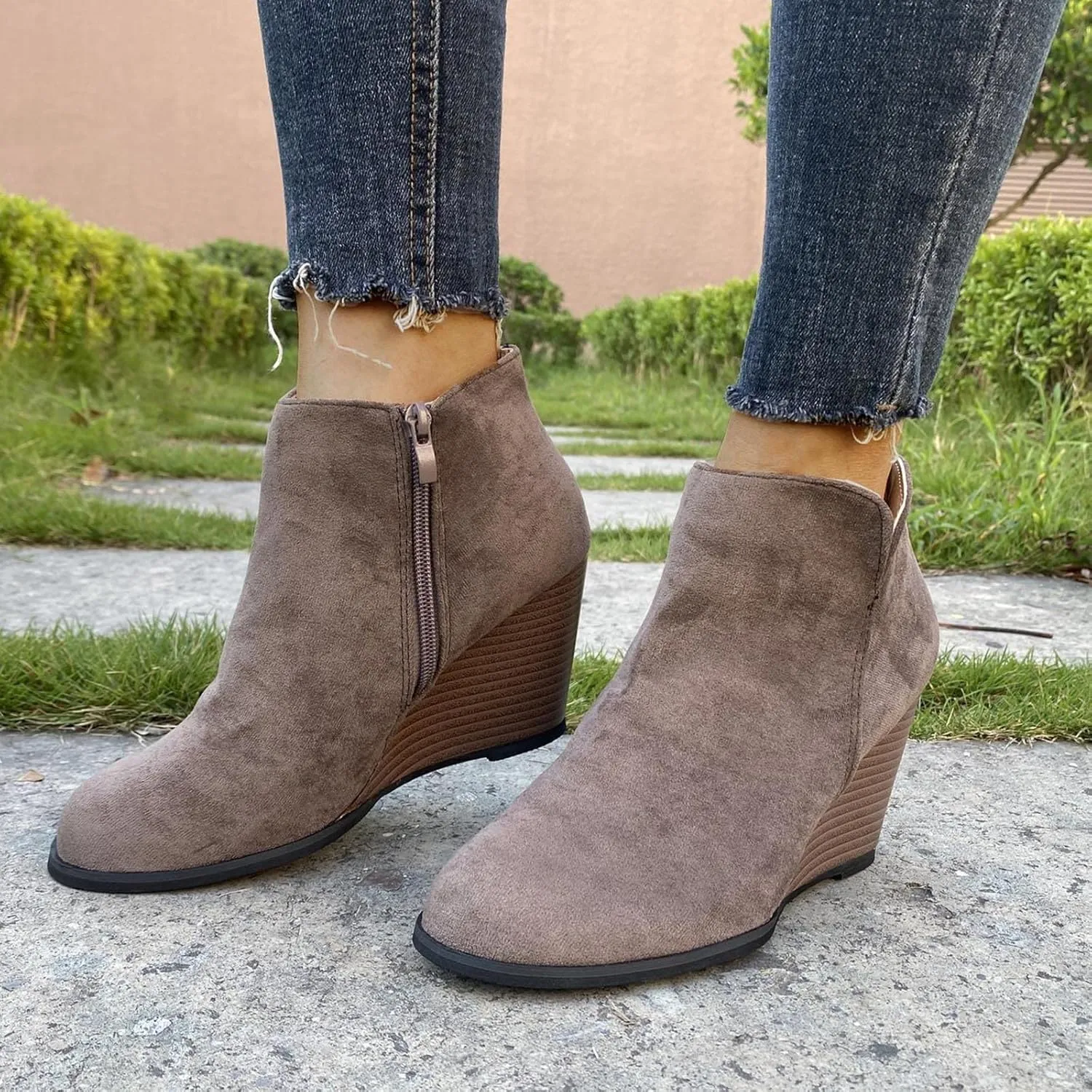 oiangi Fall Boots for Women 2022 Trendy Suede Slip on V Cutout Round Toe Zipper Chunky Stacked Mid Heel Ankle Booties Solid Cute Comfy Ladies Casual Shoes