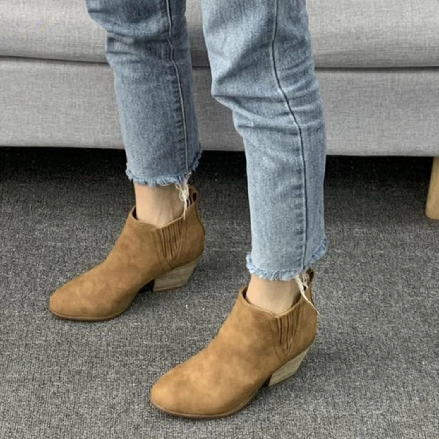oiangi Fall Boots for Women 2022 Trendy Suede Slip on V Cutout Round Toe Zipper Chunky Stacked Mid Heel Ankle Booties Solid Cute Comfy Ladies Casual Shoes