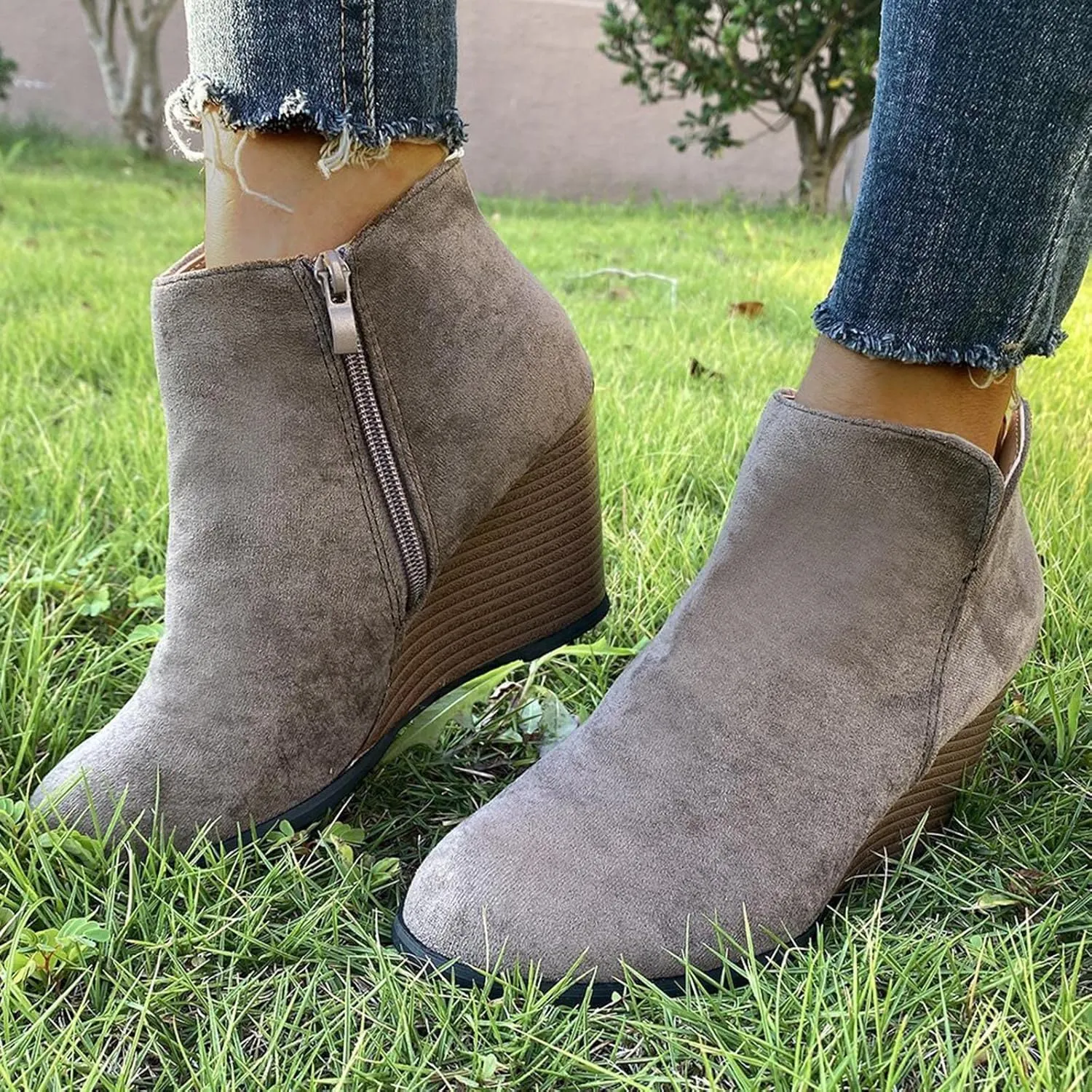 oiangi Fall Boots for Women 2022 Trendy Suede Slip on V Cutout Round Toe Zipper Chunky Stacked Mid Heel Ankle Booties Solid Cute Comfy Ladies Casual Shoes