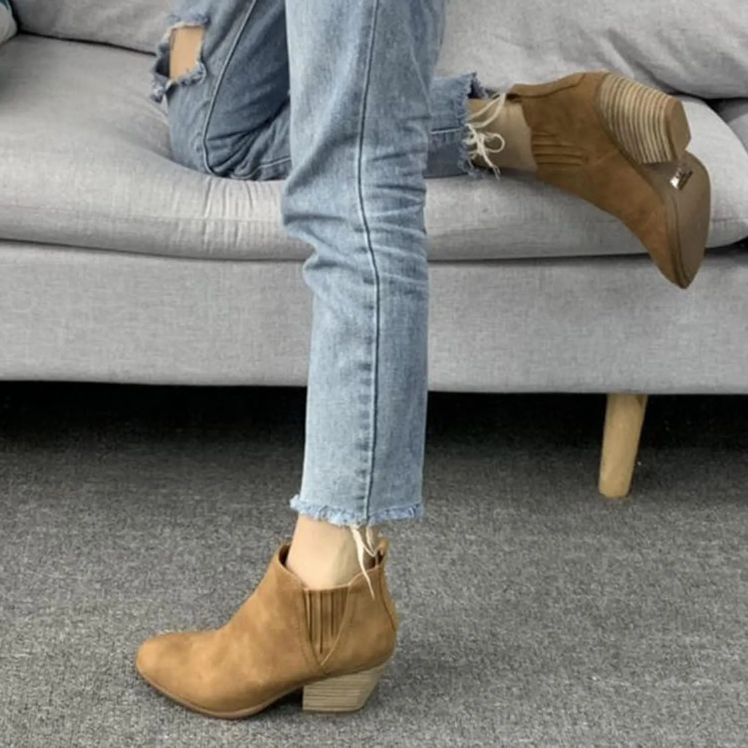 oiangi Fall Boots for Women 2022 Trendy Suede Slip on V Cutout Round Toe Zipper Chunky Stacked Mid Heel Ankle Booties Solid Cute Comfy Ladies Casual Shoes