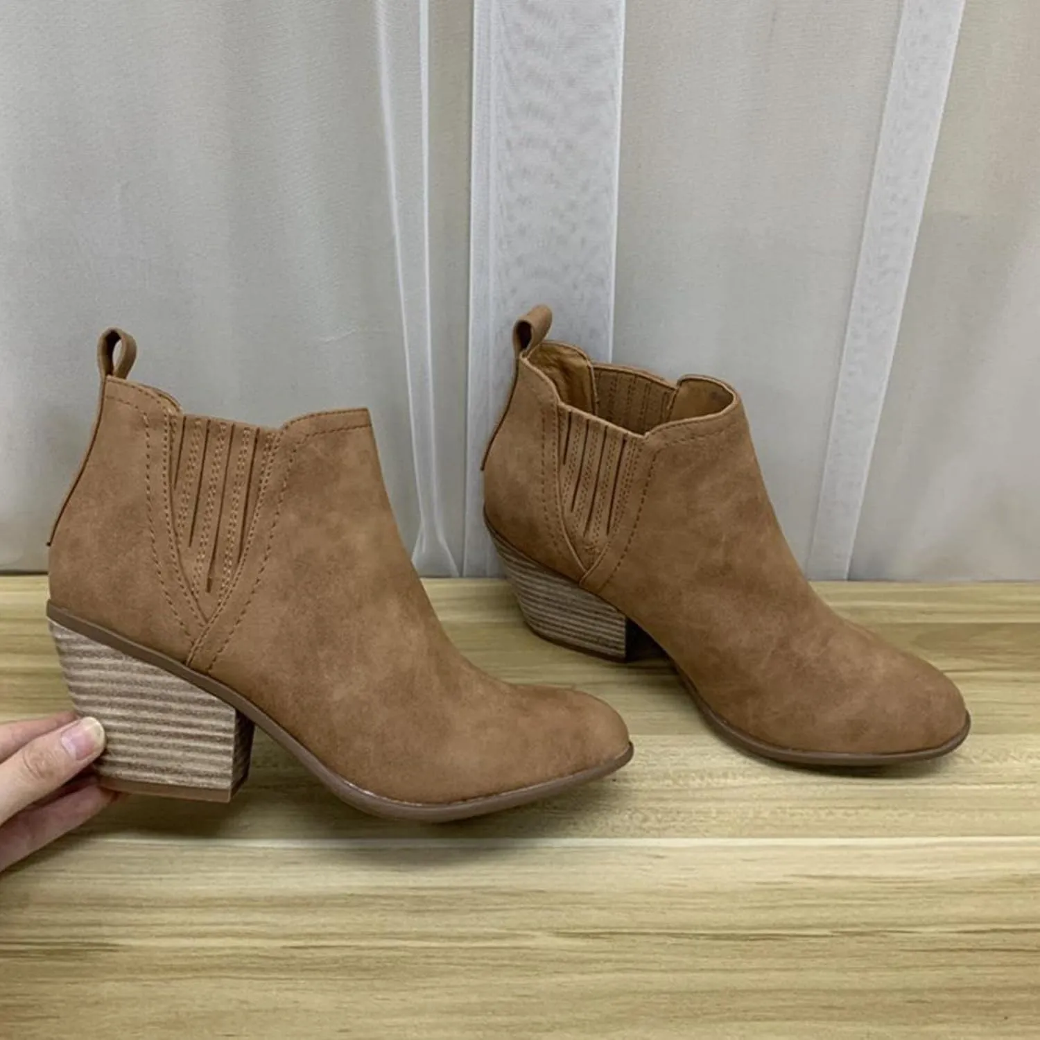 oiangi Fall Boots for Women 2022 Trendy Suede Slip on V Cutout Round Toe Zipper Chunky Stacked Mid Heel Ankle Booties Solid Cute Comfy Ladies Casual Shoes