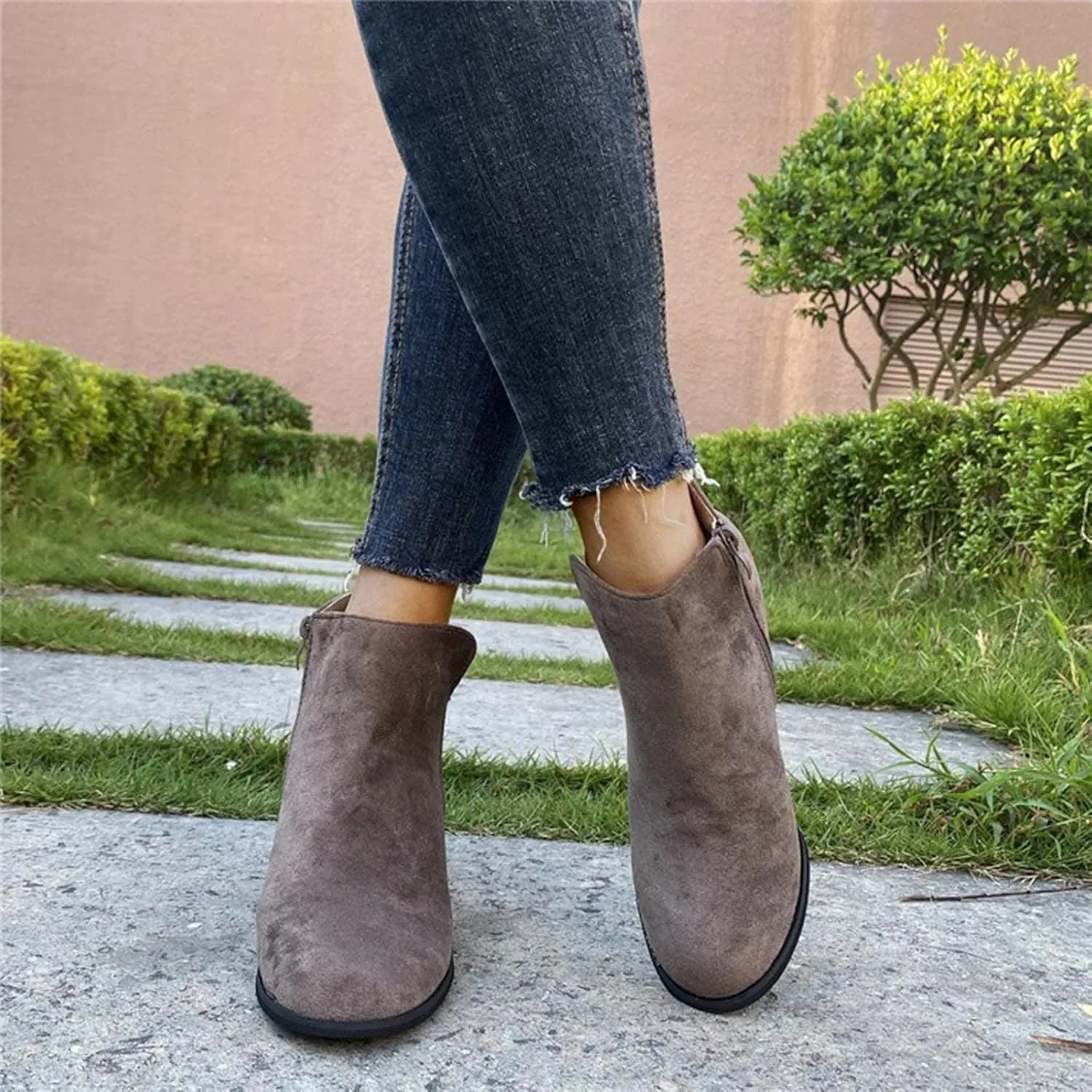 oiangi Fall Boots for Women 2022 Trendy Suede Slip on V Cutout Round Toe Zipper Chunky Stacked Mid Heel Ankle Booties Solid Cute Comfy Ladies Casual Shoes