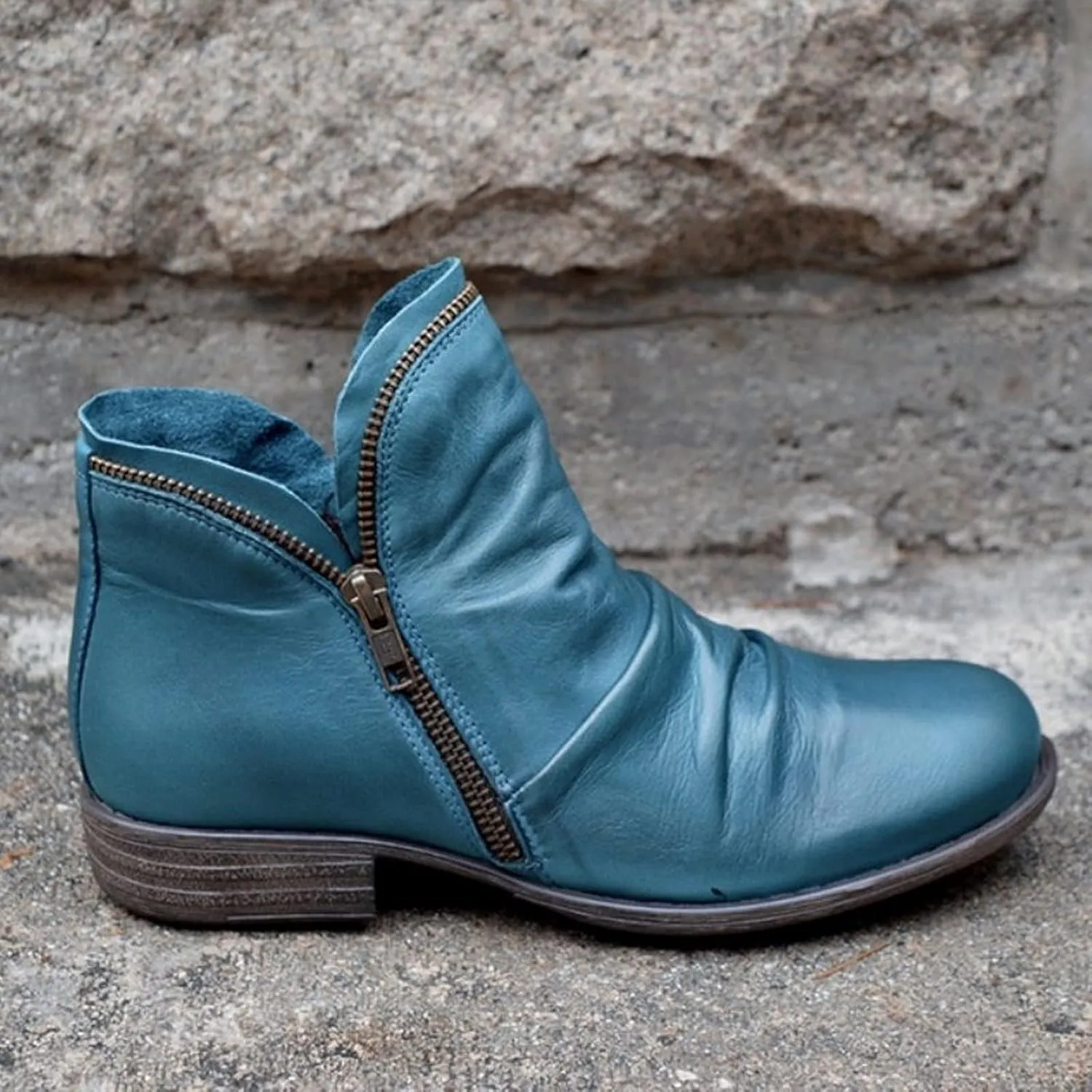 oiangi Womens Boots Fall 2022 Ankle Booties Vintage Slip on Round Toe Side Zipper Chunky Block Mid Heel Booties Solid Casual Comfy Outdoor Ladies Shoes