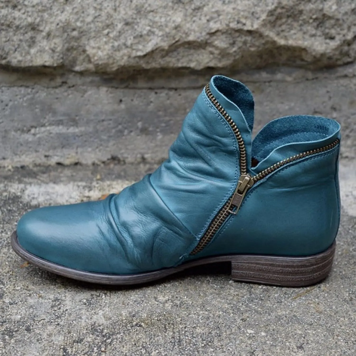 oiangi Womens Boots Fall 2022 Ankle Booties Vintage Slip on Round Toe Side Zipper Chunky Block Mid Heel Booties Solid Casual Comfy Outdoor Ladies Shoes