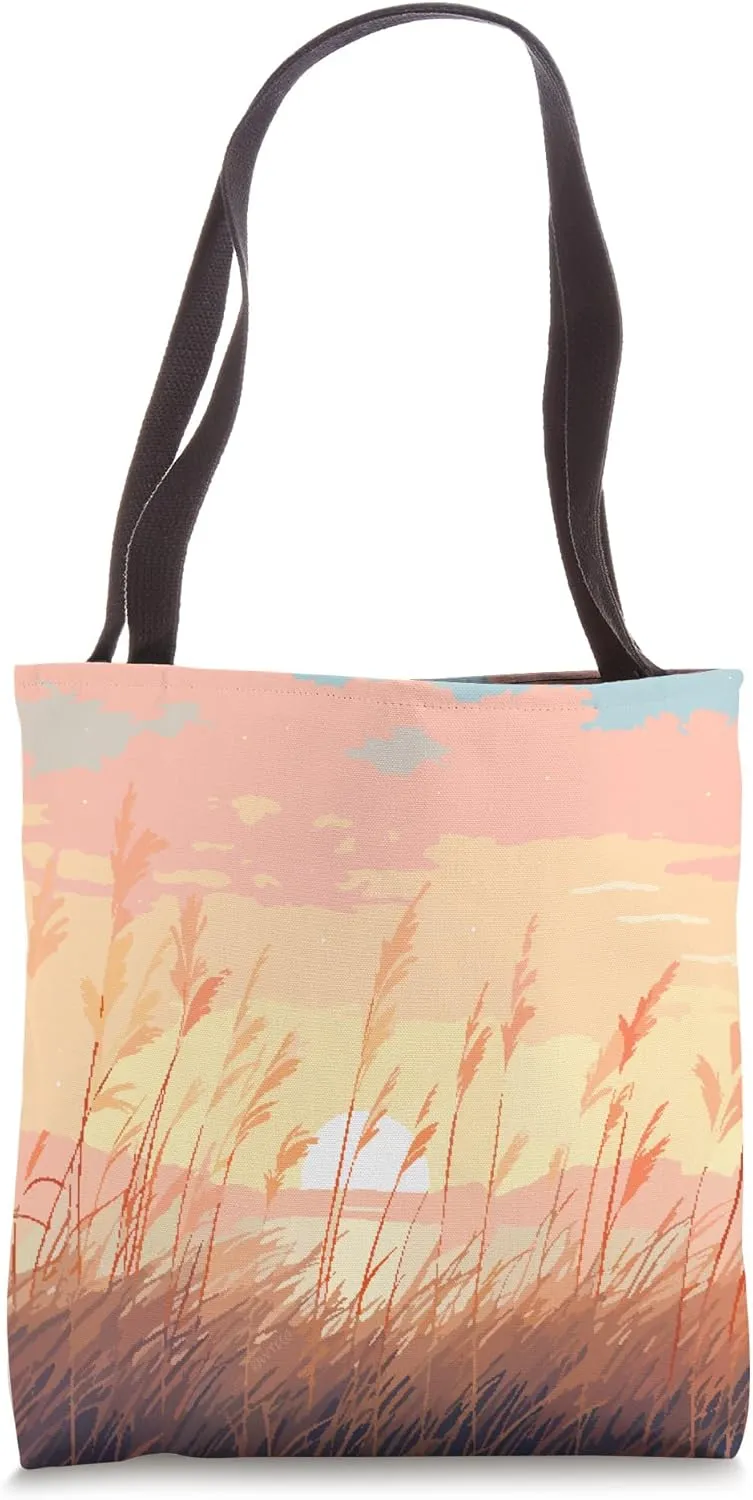 Pastel Farmland Hayfield Sunset Retro Pixel Art Tote Bag
