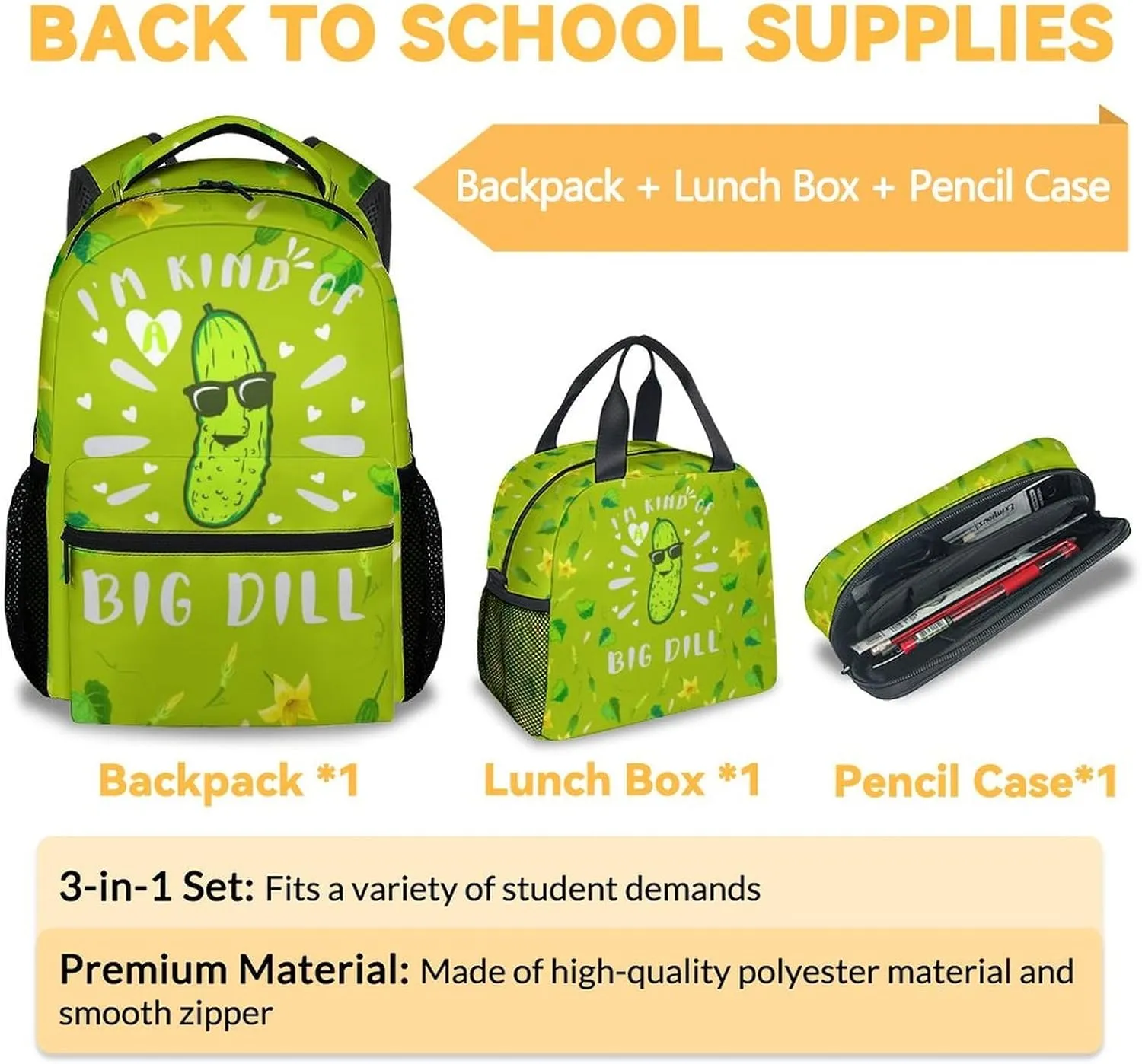 Pickle Backpack with Lunch Box and Pencil Case Set, 3 in 1 Matching Girls Boys Green Backpacks Combo, Funny Bookbag and Pencil Case Bundle