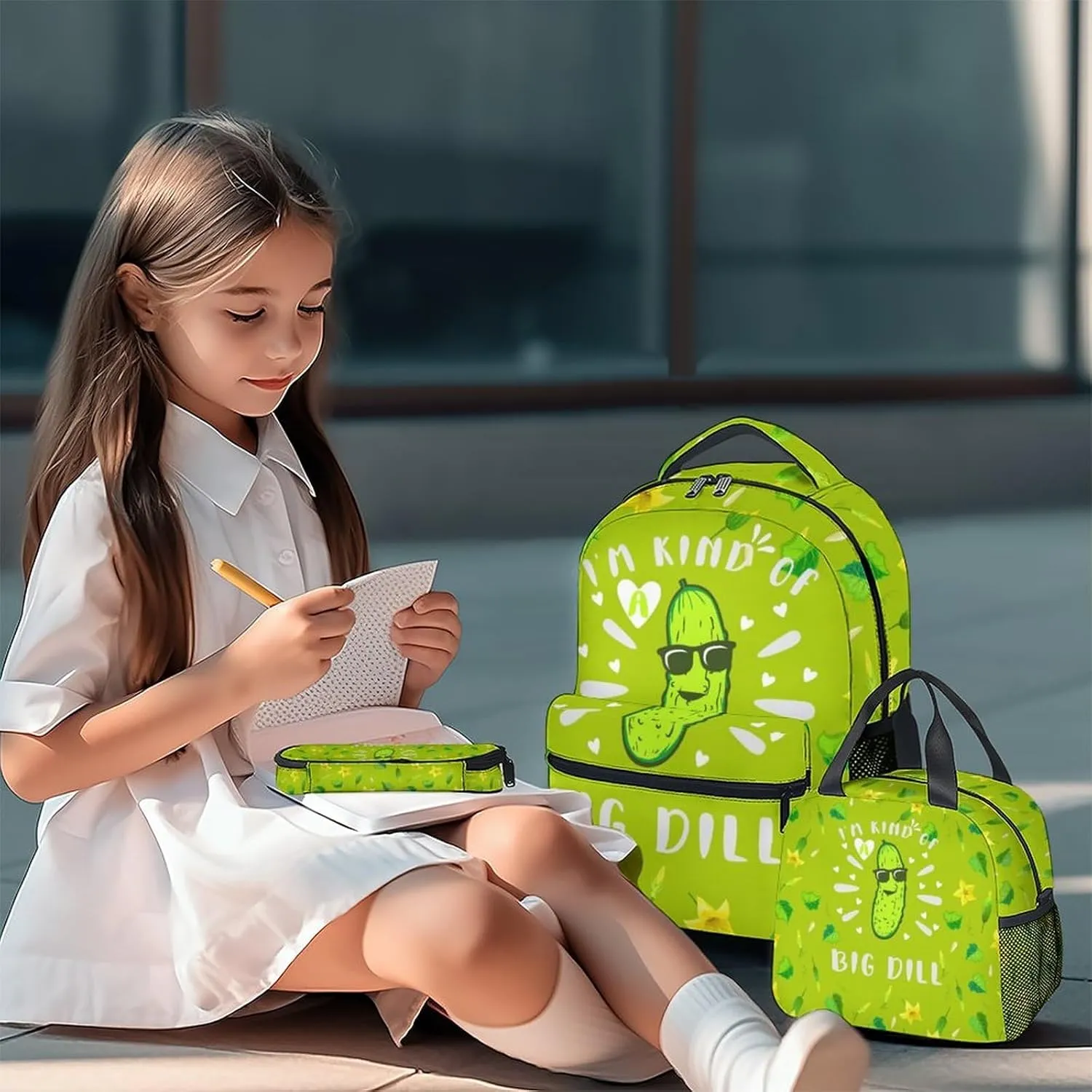 Pickle Backpack with Lunch Box and Pencil Case Set, 3 in 1 Matching Girls Boys Green Backpacks Combo, Funny Bookbag and Pencil Case Bundle