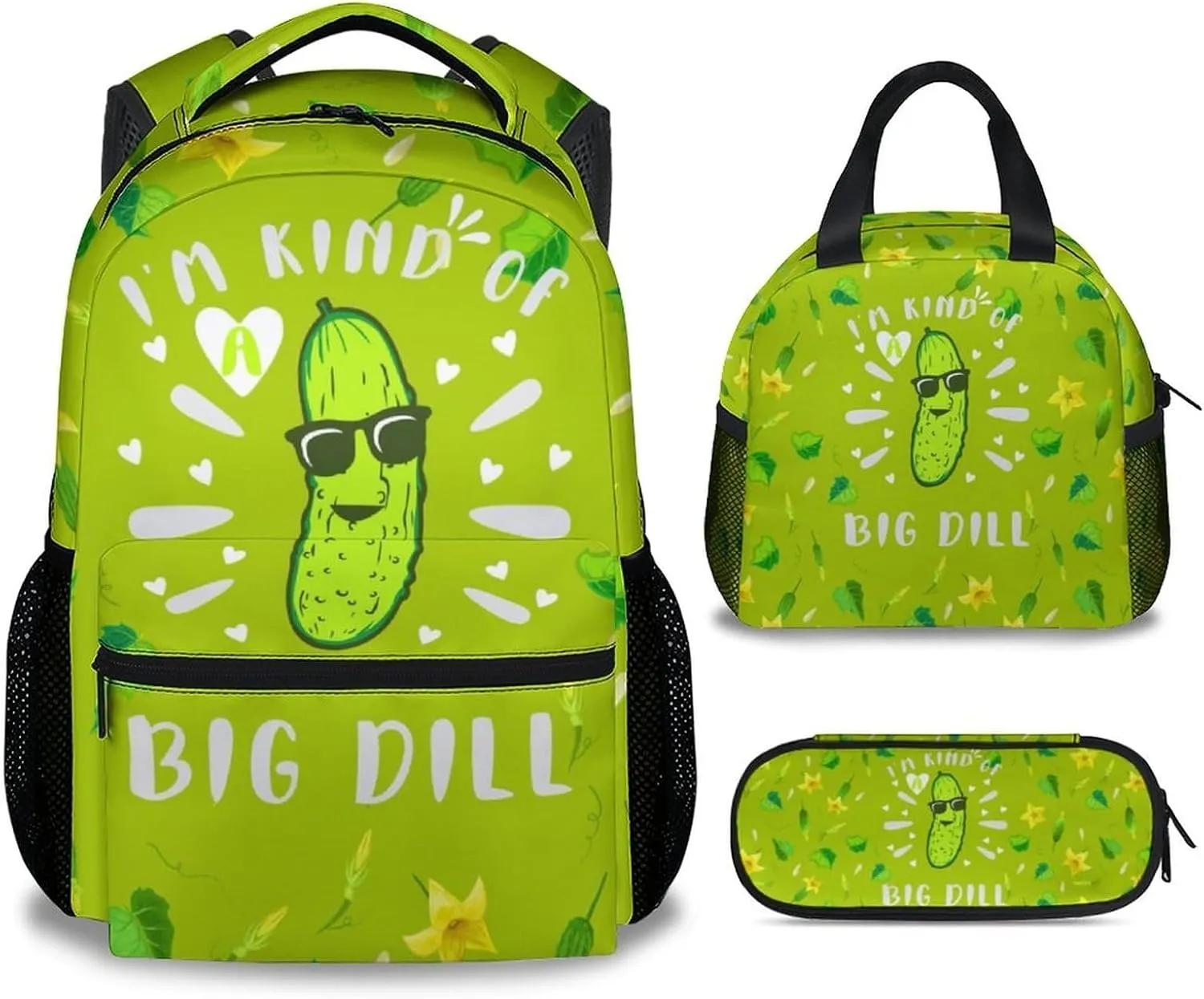 Pickle Backpack with Lunch Box and Pencil Case Set, 3 in 1 Matching Girls Boys Green Backpacks Combo, Funny Bookbag and Pencil Case Bundle