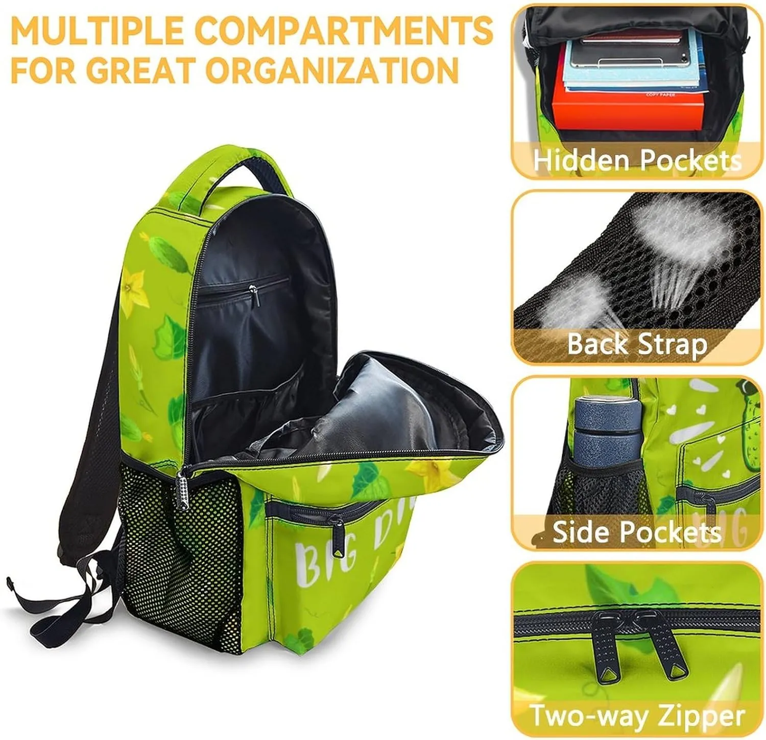 Pickle Backpack with Lunch Box and Pencil Case Set, 3 in 1 Matching Girls Boys Green Backpacks Combo, Funny Bookbag and Pencil Case Bundle