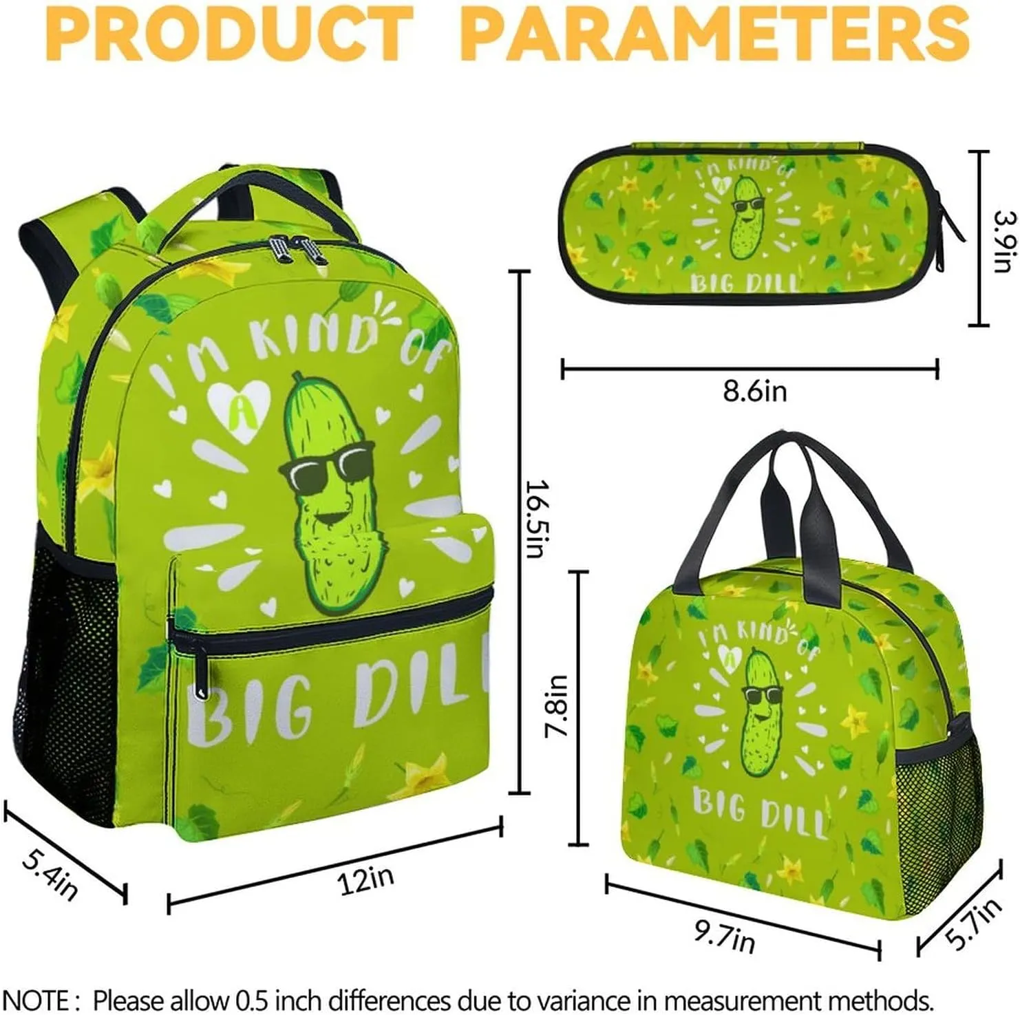Pickle Backpack with Lunch Box and Pencil Case Set, 3 in 1 Matching Girls Boys Green Backpacks Combo, Funny Bookbag and Pencil Case Bundle