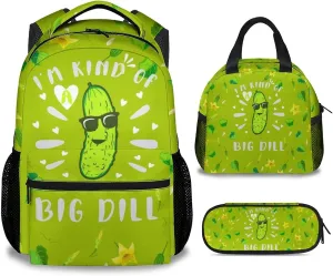 Pickle Backpack with Lunch Box and Pencil Case Set, 3 in 1 Matching Girls Boys Green Backpacks Combo, Funny Bookbag and Pencil Case Bundle