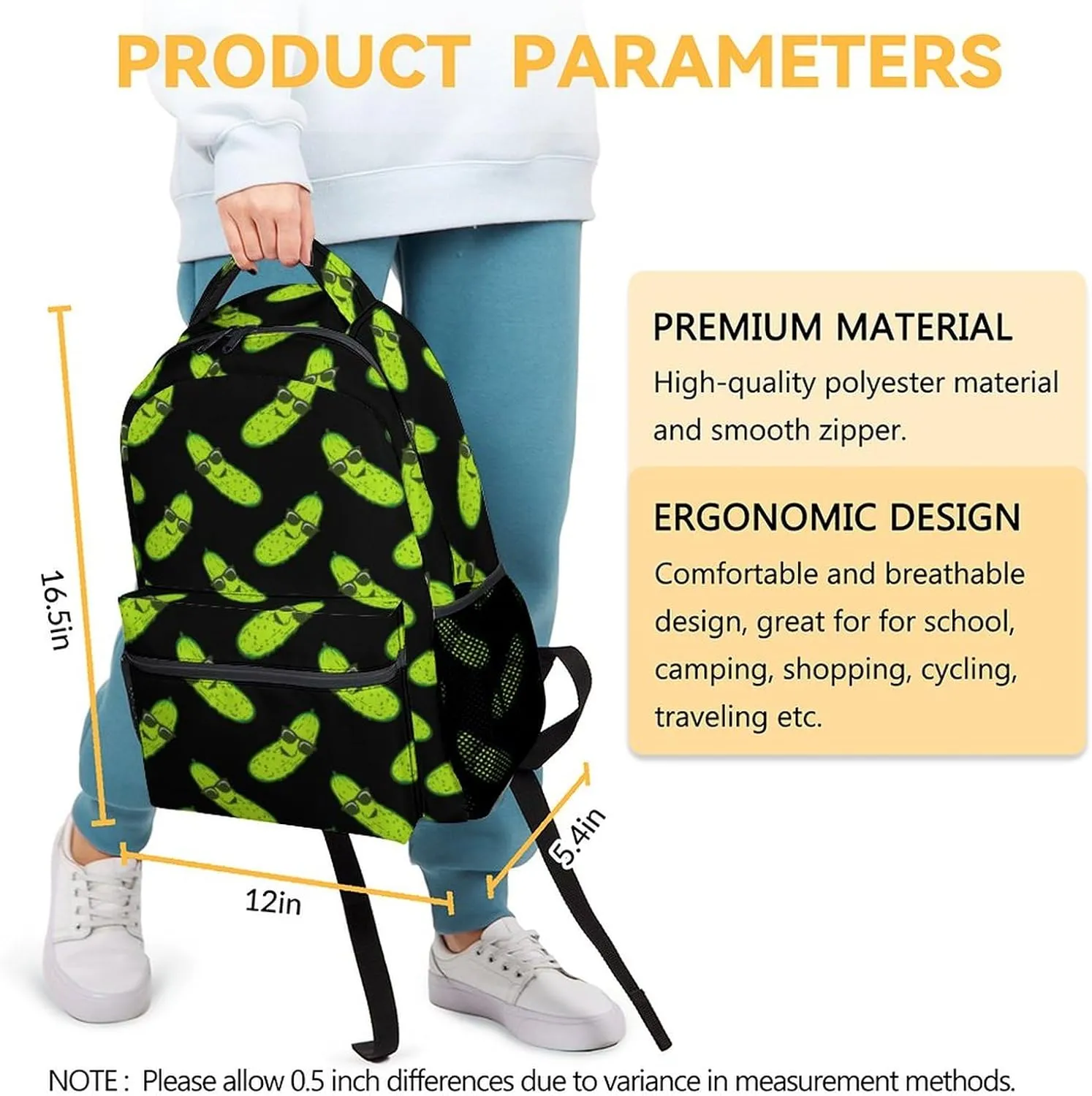 Pickle School Backpack for Girls Boys, 16 Inch Black Backpacks for Kids Age 10-12, Cute Lightweight Bookbag for Travel