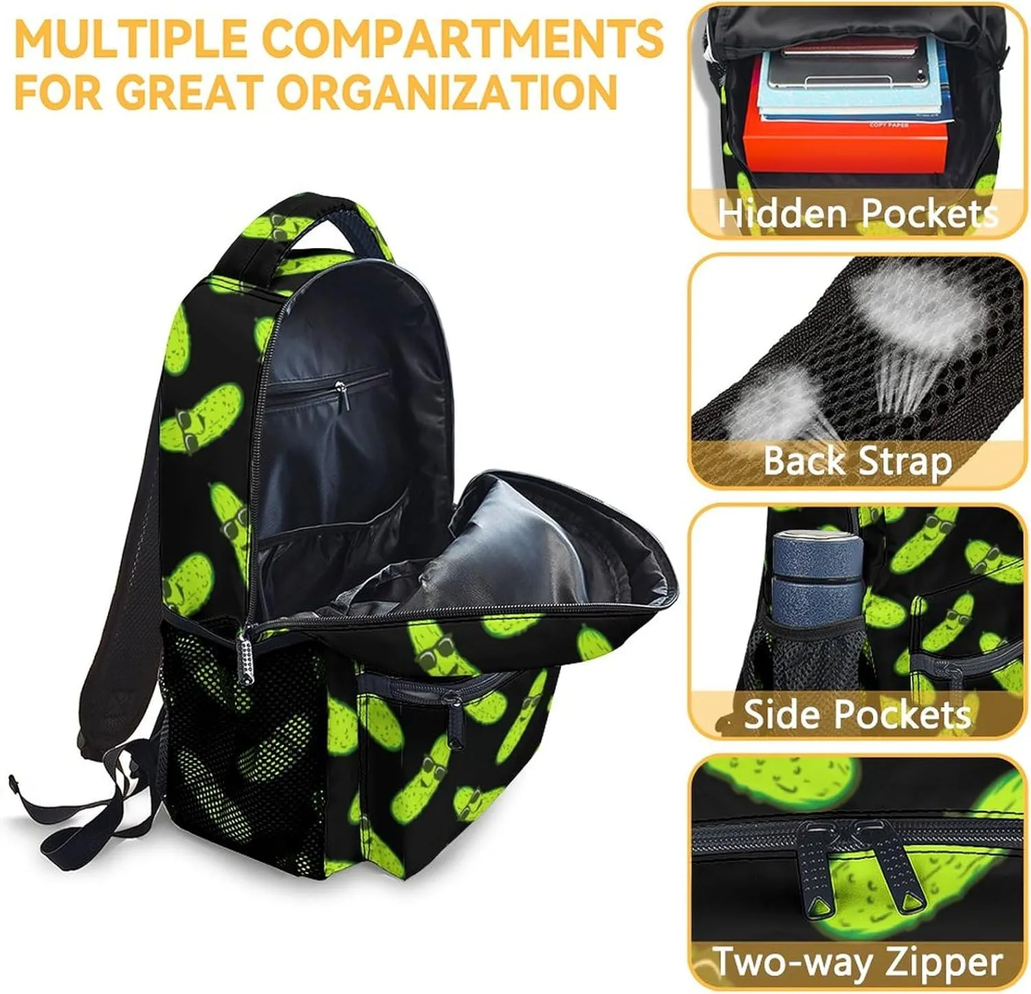 Pickle School Backpack for Girls Boys, 16 Inch Black Backpacks for Kids Age 10-12, Cute Lightweight Bookbag for Travel
