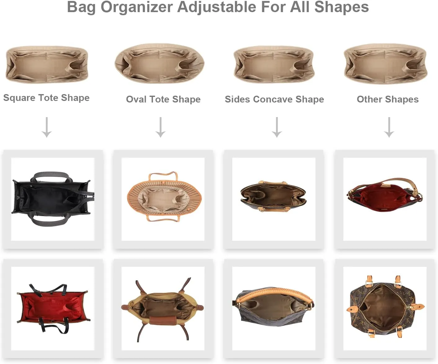 Purse Organizer Insert For Handbags, Silk With Zipper, Silky Smooth, Bag Organizer For Speedy Neverfull Tote, Onthego, Artsy, 6 Sizes (XL, Silky Beige)