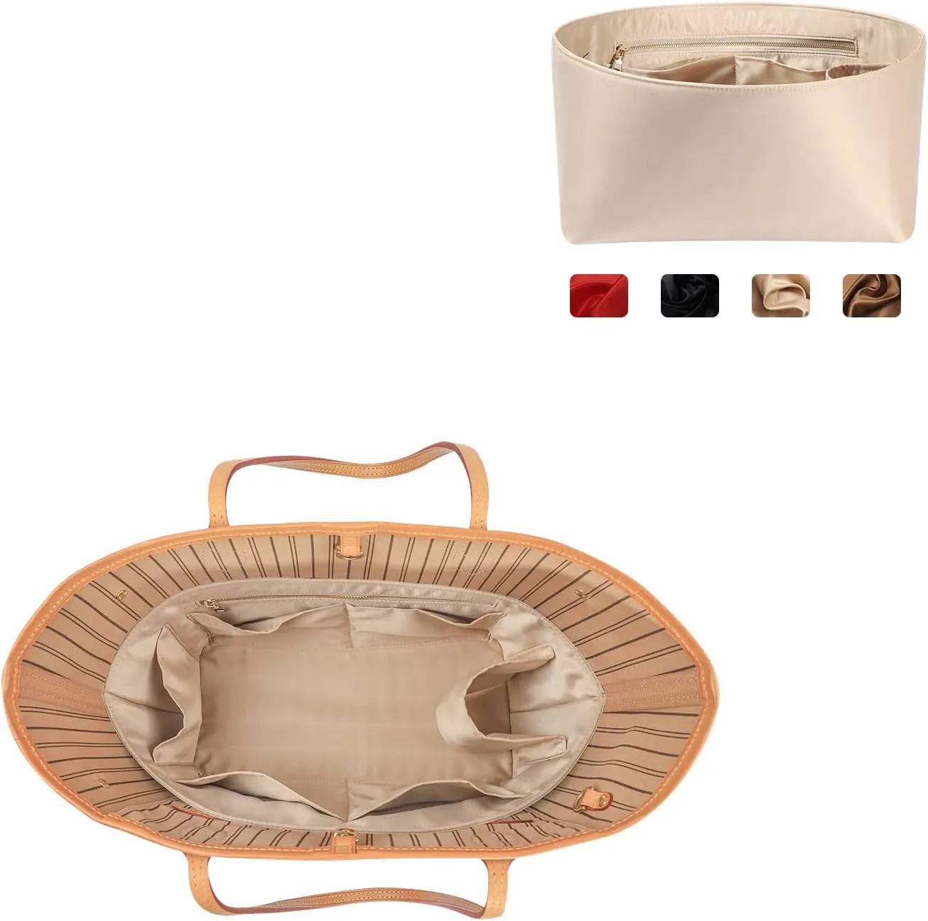 Purse Organizer Insert For Handbags, Silk With Zipper, Silky Smooth, Bag Organizer For Speedy Neverfull Tote, Onthego, Artsy, 6 Sizes (XL, Silky Beige)