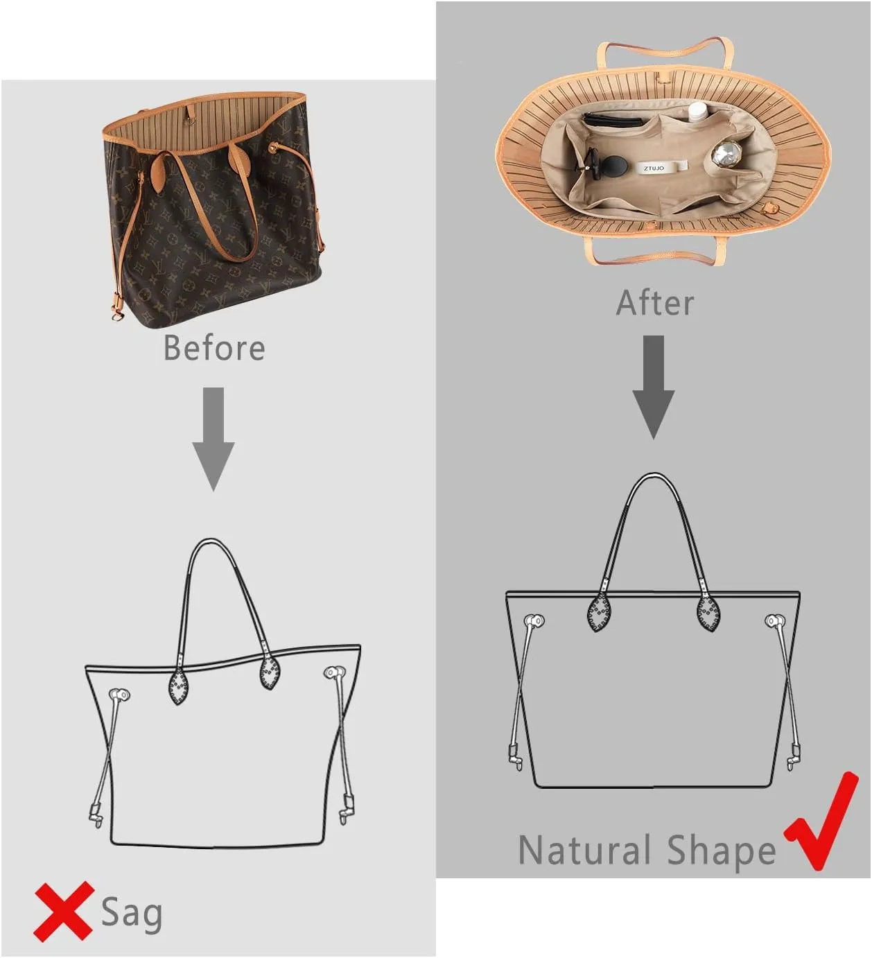 Purse Organizer Insert For Handbags, Silk With Zipper, Silky Smooth, Bag Organizer For Speedy Neverfull Tote, Onthego, Artsy, 6 Sizes (XL, Silky Beige)