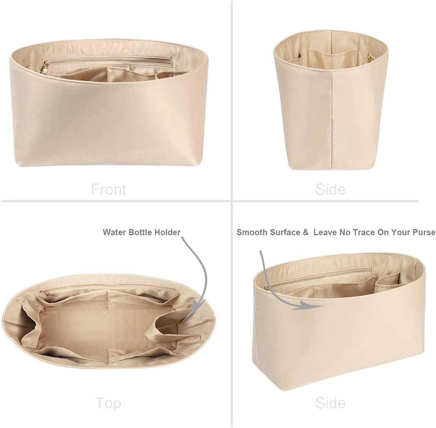 Purse Organizer Insert For Handbags, Silk With Zipper, Silky Smooth, Bag Organizer For Speedy Neverfull Tote, Onthego, Artsy, 6 Sizes (XL, Silky Beige)