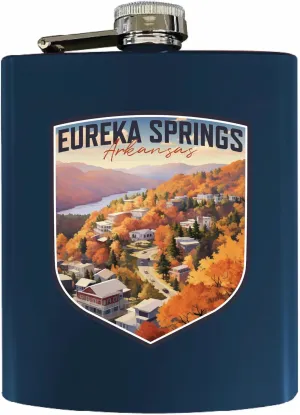 R and R Imports Eureka Springs Arkansas Little Switzerland of the Ozarks Design Souvenir 7 oz Steel Flask Matte Finish Navy 4-Pack