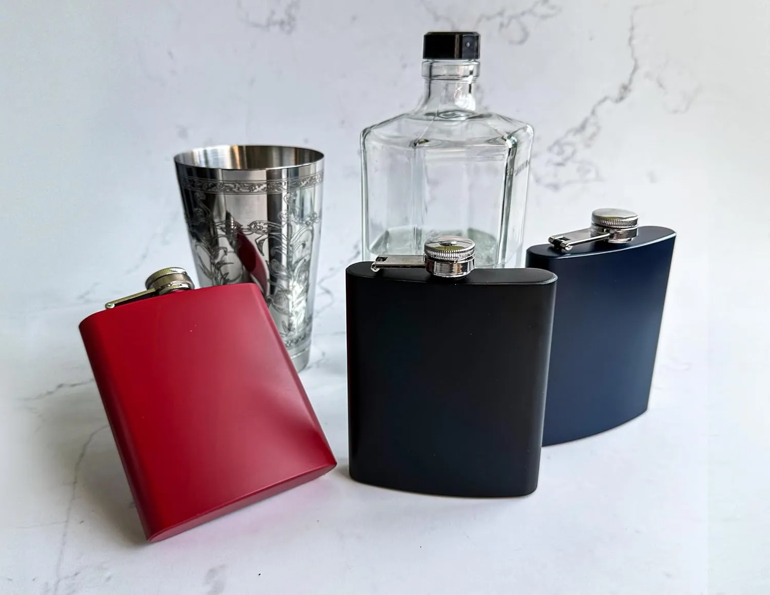 R and R Imports Eureka Springs Arkansas Little Switzerland of the Ozarks Design Souvenir 7 oz Steel Flask Matte Finish Navy 4-Pack