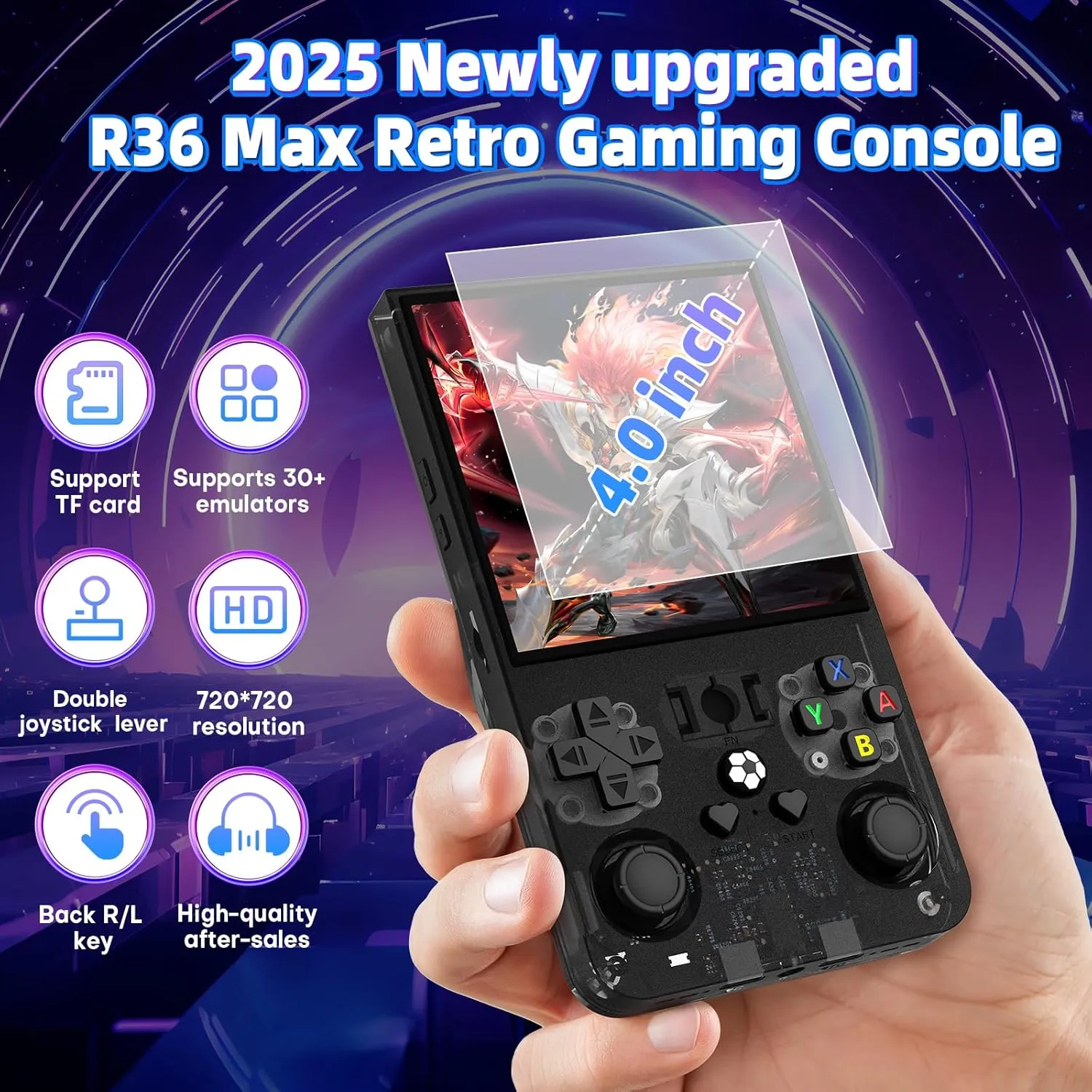 R36 Max Retro Handheld Game Console, Video Game Console with 64G Built-in 18000  Games, 4000mAh Rechargeable, Support 30  Simulators, Linux System, 4.0 Inch IPS Screen Portable Pocket Arcade, Black