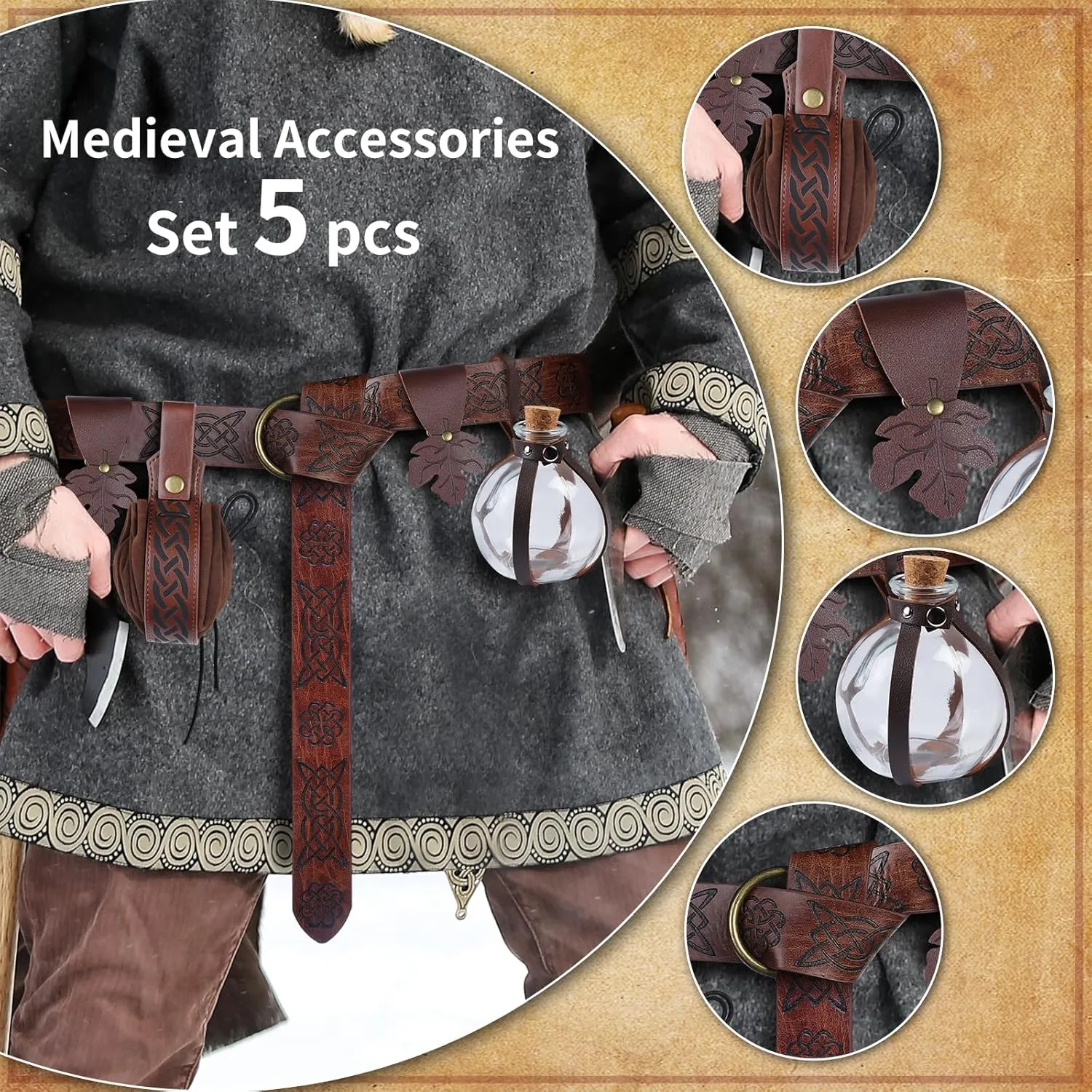 Renaissance Medieval Viking Belt with Potion Bottles, Faux Leather Belt Pouch, Skirt Hikes and Mug Holder